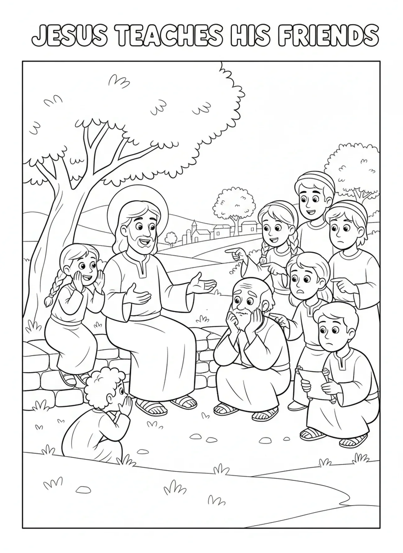 Nachdenkliche Jünger hören zu, Das letzte Abendmahl Jesus mit 12 Jüngern Ausmalbild für Kinder im Alter von 5-10 Jahren.