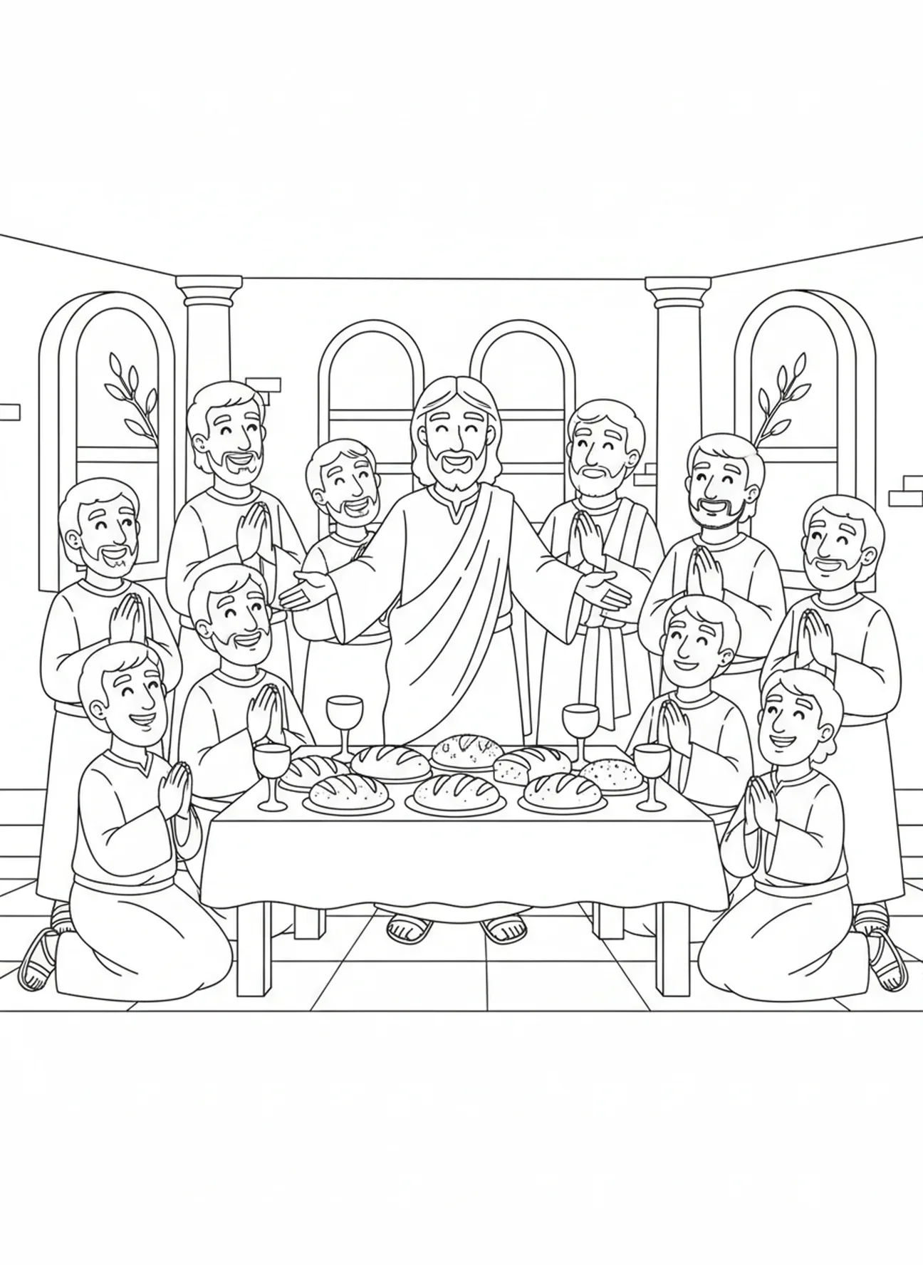 Jesus segnet die Jünger, Das letzte Abendmahl Jesus mit 12 Jüngern am Tisch Malvorlage für Kinder im Alter von 5-10 Jahren.