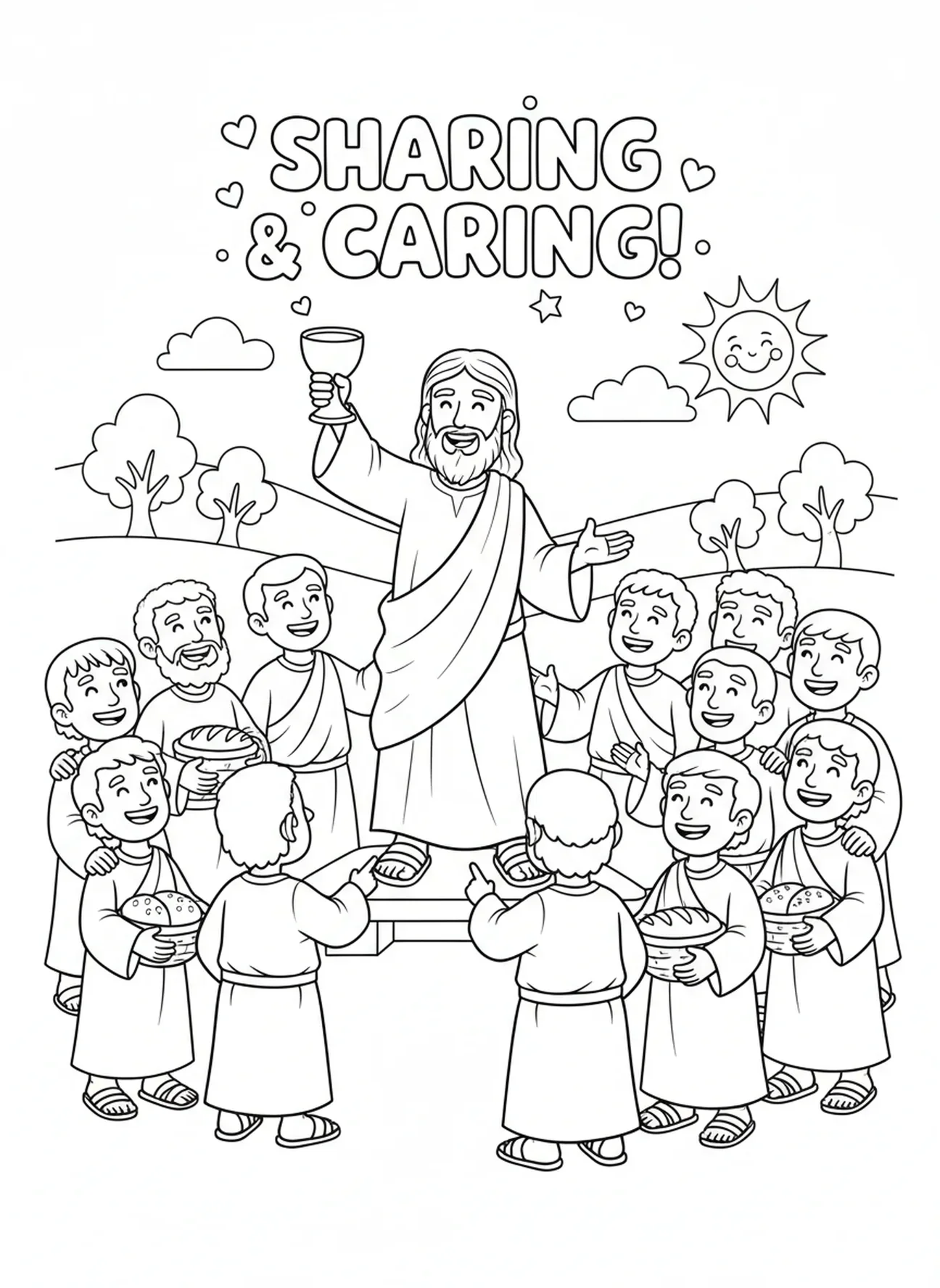 Jesus mit dem Kelch, Das letzte Abendmahl Jesus mit 12 Jüngern Ausmalbild für Kinder im Alter von 5-10 Jahren.