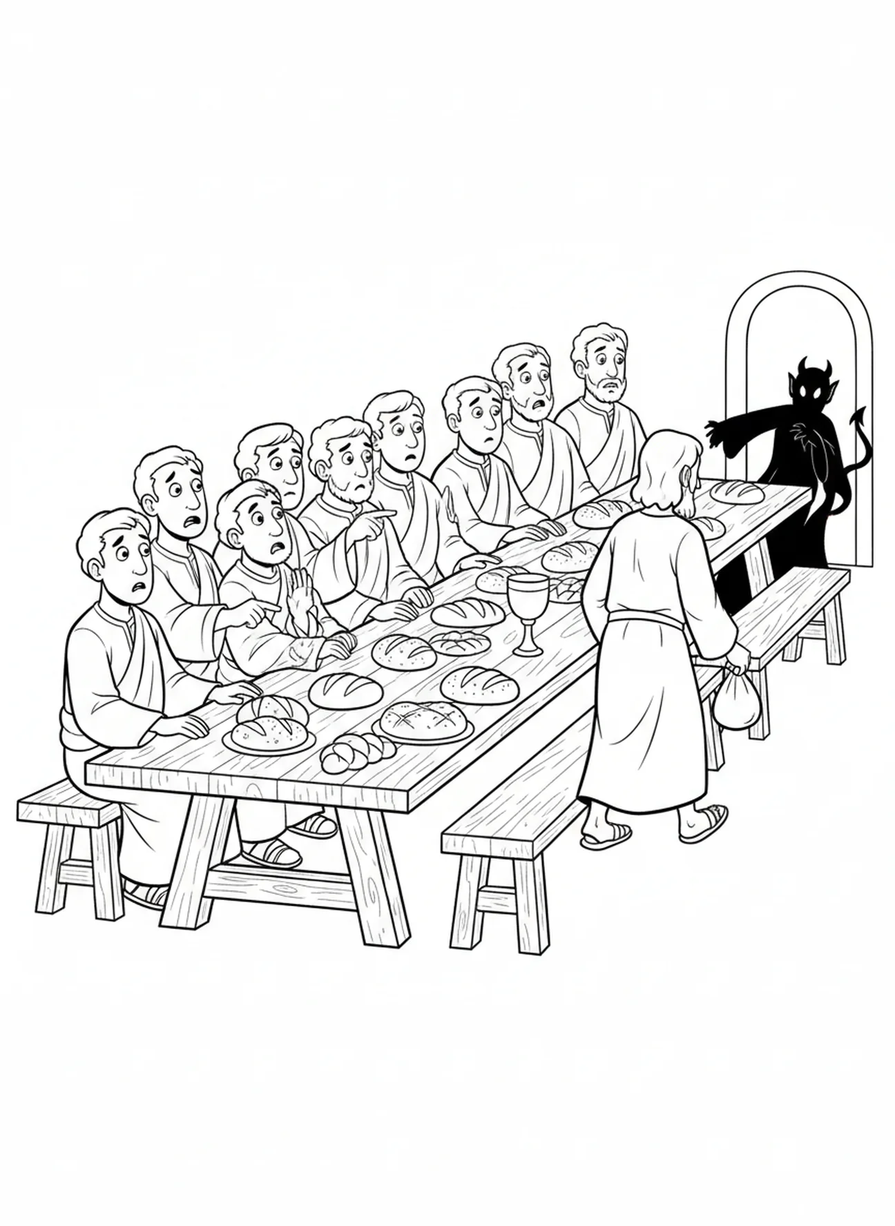 Brot und Kelch auf dem Tisch, Färbungsseite vom letzten Abendmahl mit Judas, der den Tisch verlässt, für Kinder im Alter von 5-10 Jahren