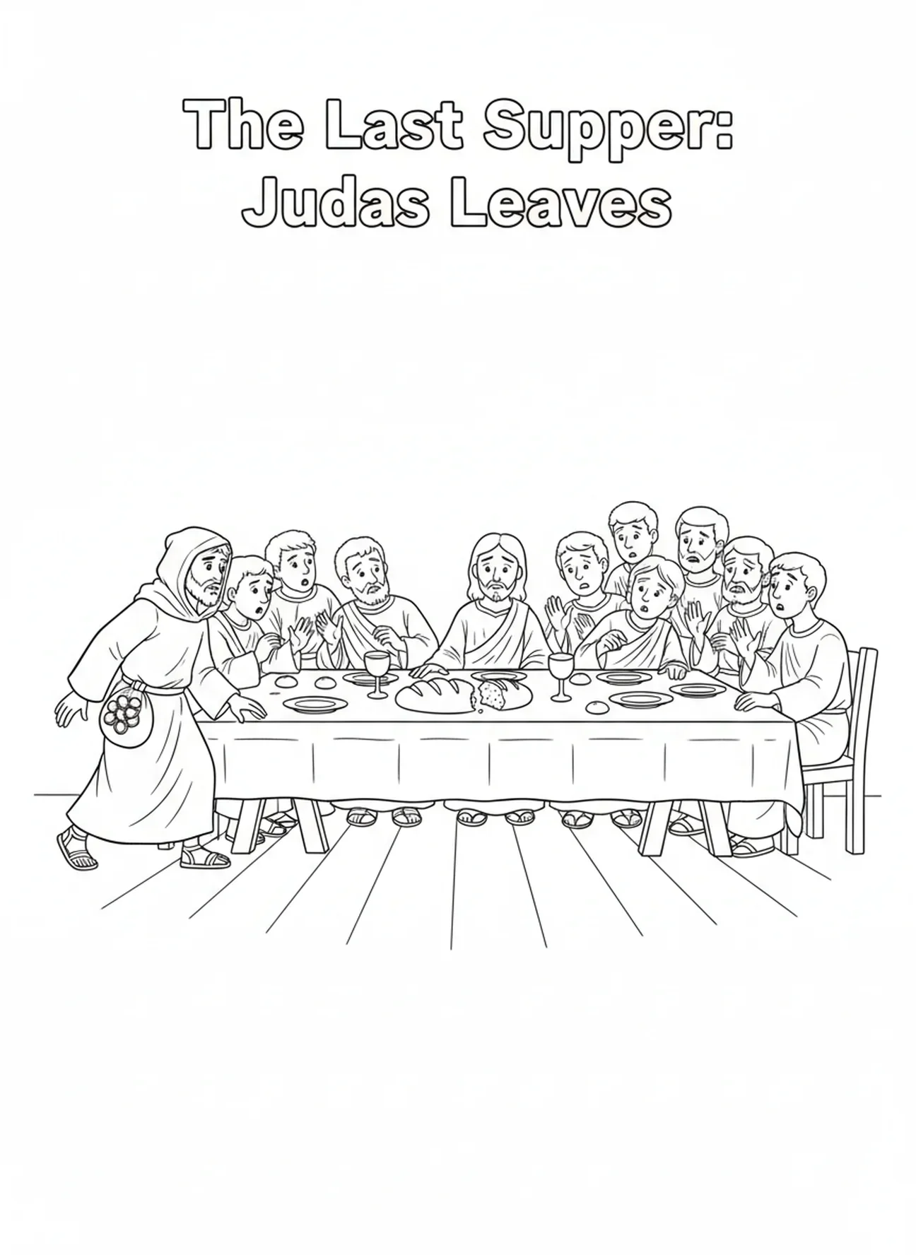 Die Jünger schauen überrascht, Ausmalbild vom letzten Abendmahl mit Judas, der den Tisch verlässt, für Kinder im Alter von 5-10 Jahren