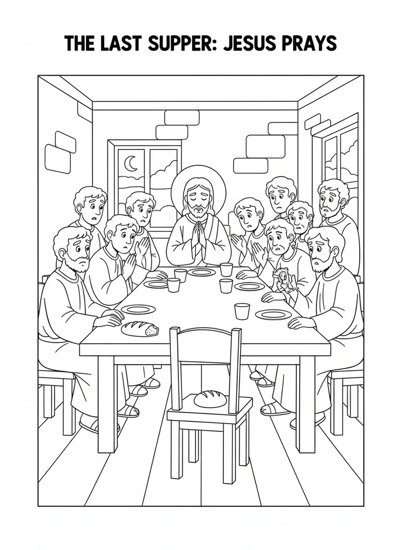 Jesus betet, Auszug von Judas beim letzten Abendmahl Ausmalbild für Kinder im Alter von 5-10 Jahren