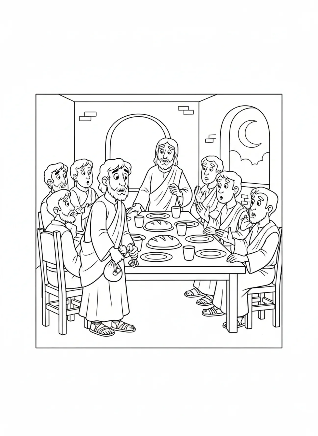 Judas steht auf, Ausmalbild vom letzten Abendmahl, Judas verlässt den Tisch für Kinder im Alter von 5-10 Jahren