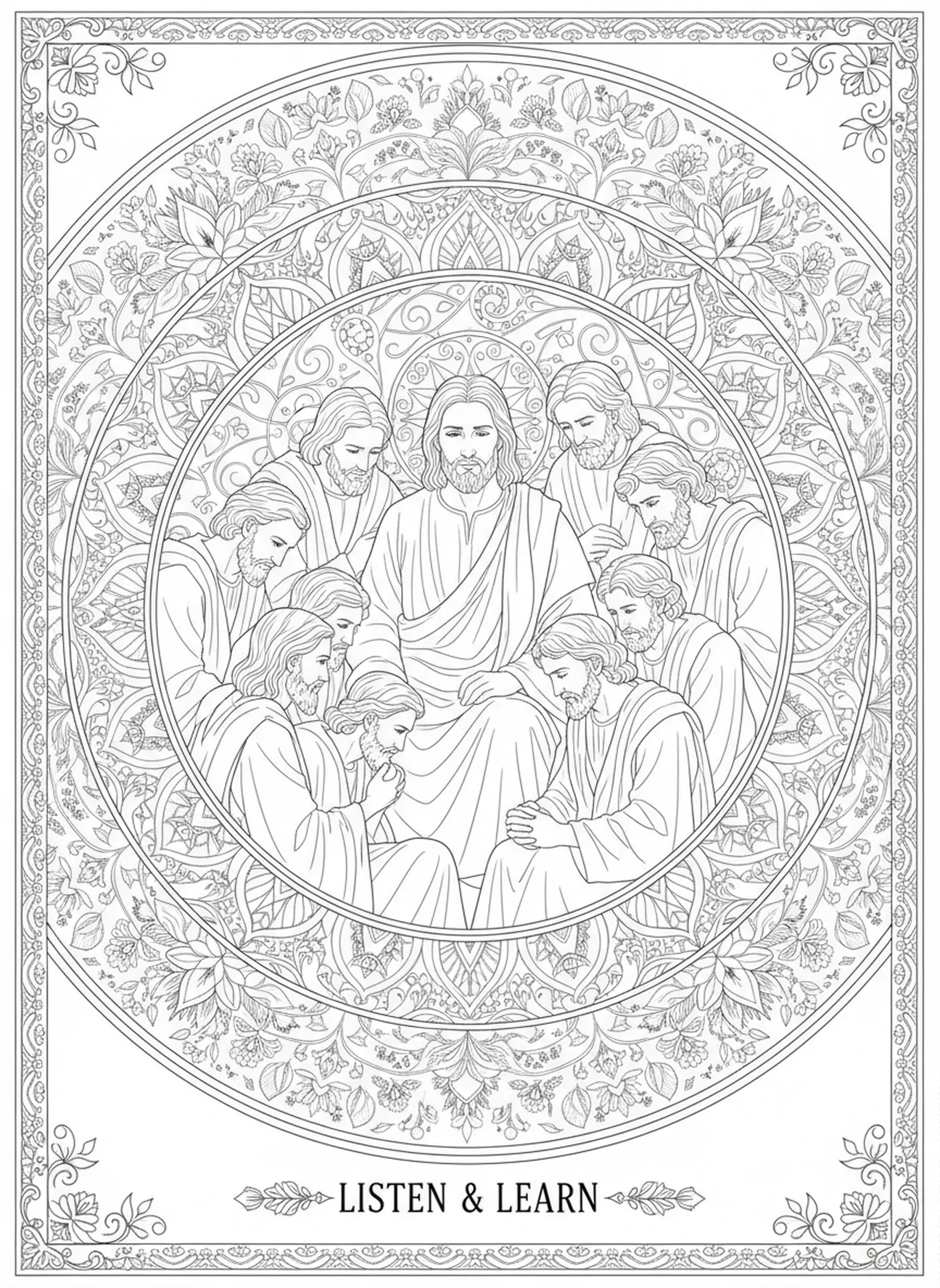 Discípulos ouvindo Jesus, página para colorir da Última Ceia no estilo de anotações bíblicas para adultos