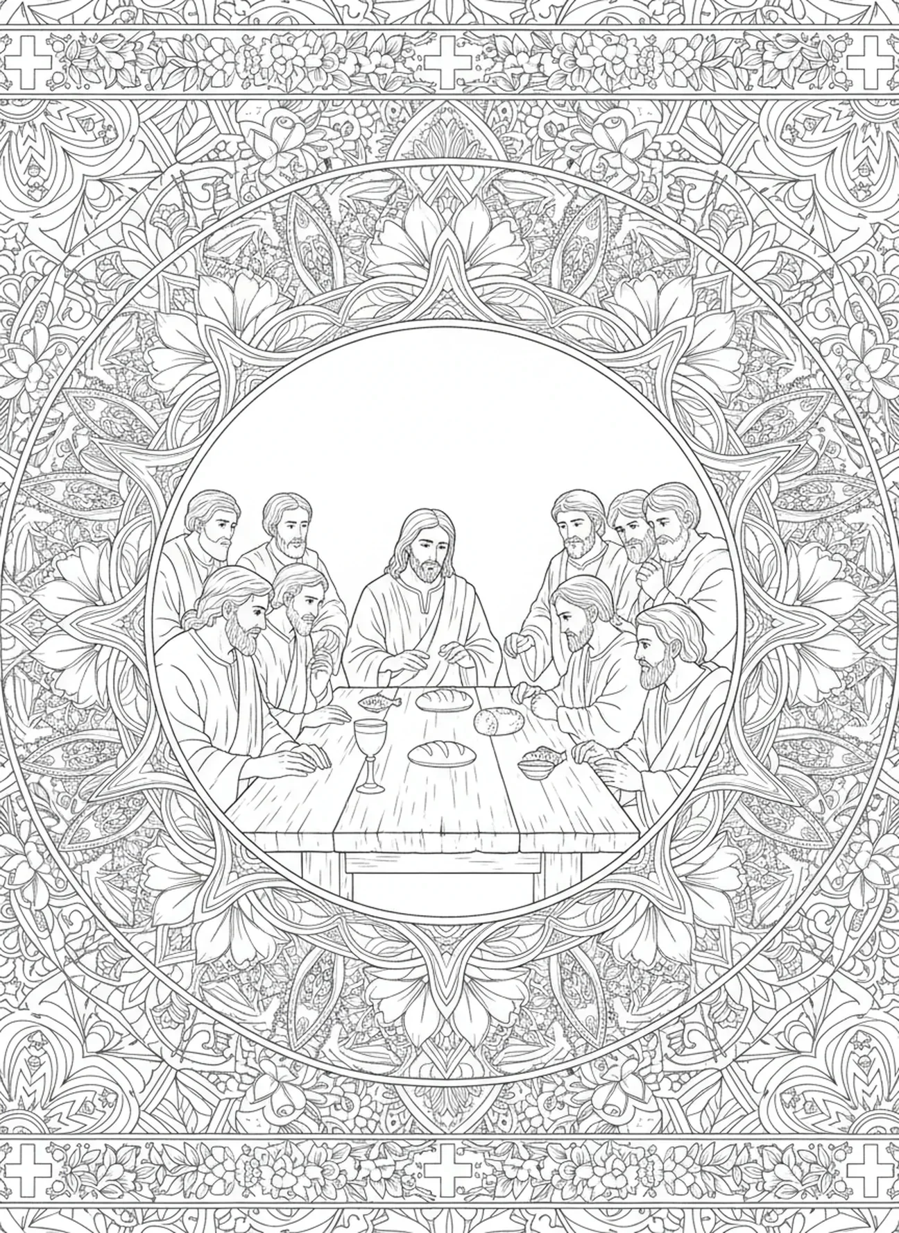 Jesus partindo o pão, página para colorir da Última Ceia no estilo de journaling bíblico para adultos