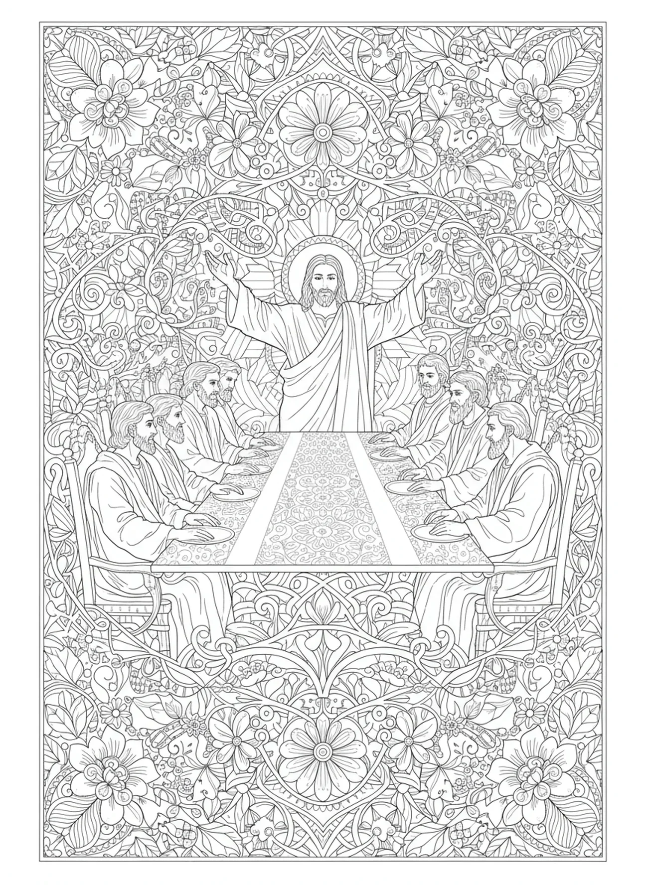 Jesus dando a bênção final, página para colorir da Última Ceia no estilo de diário bíblico para adultos