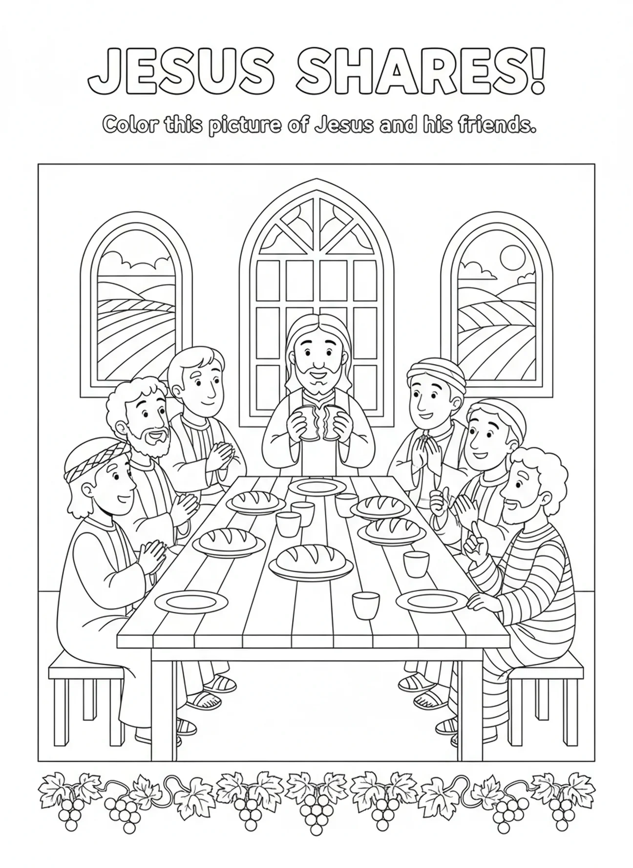 Jesus partindo o pão, página de colorir da Última Ceia para crianças de 5 a 10 anos