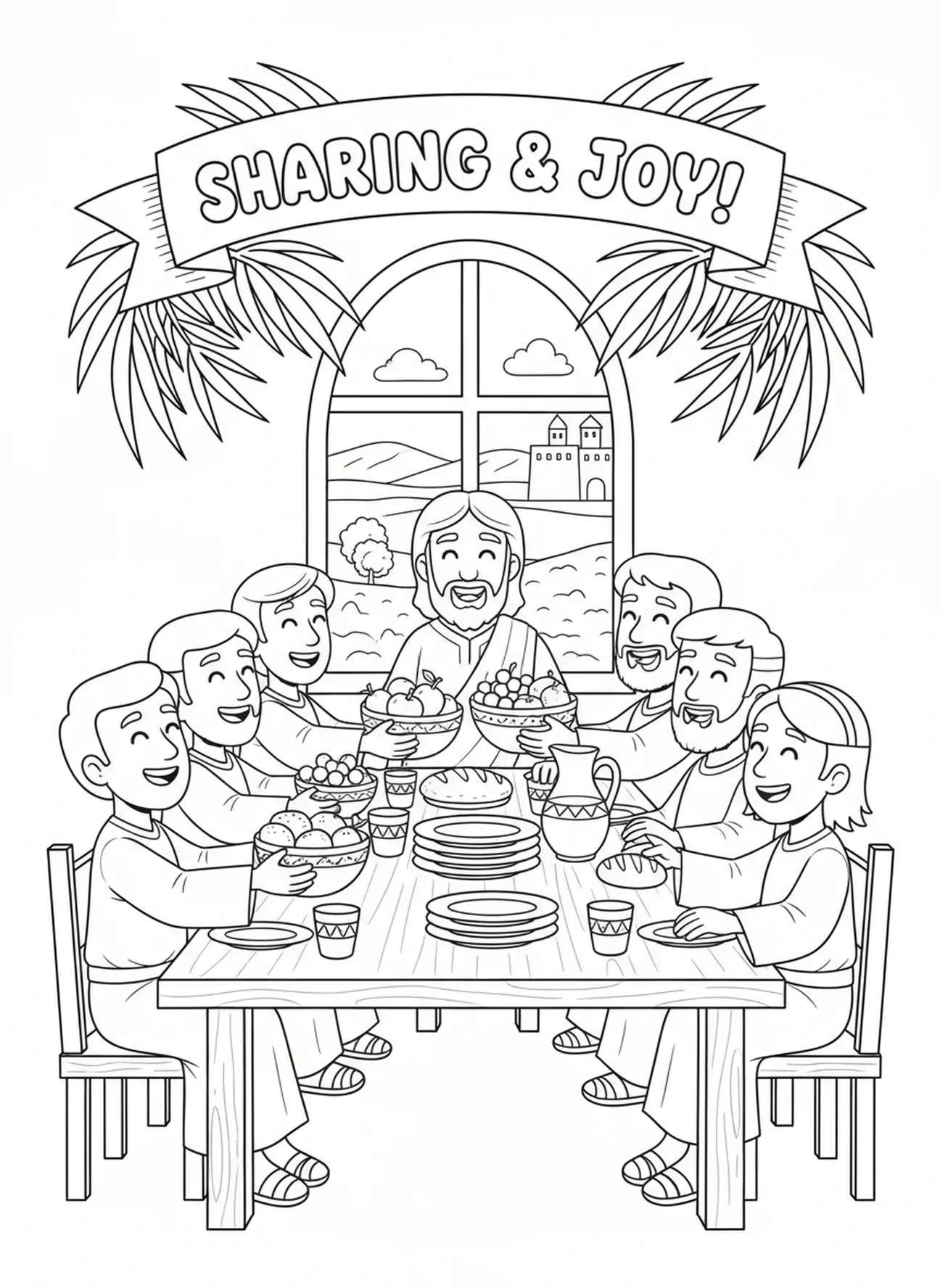 Discípulos compartilhando comida, página para colorir da Última Ceia para crianças de 5 a 10 anos