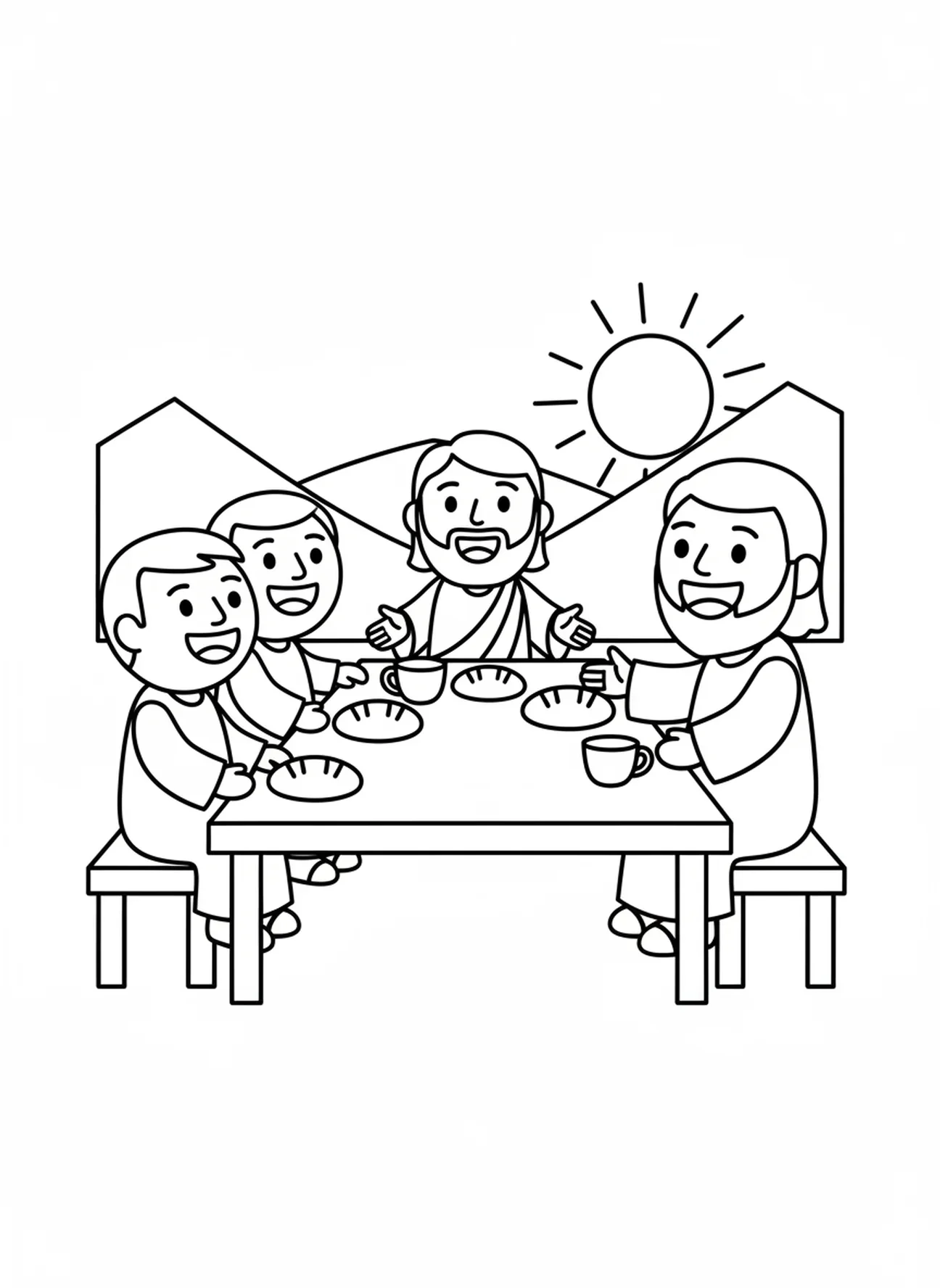 Disciples écoutant Jésus, page à colorier de la Dernière Cène pour les enfants d'âge préscolaire de 3 à 5 ans