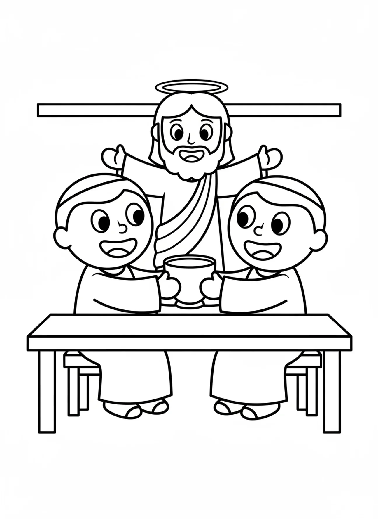 Disciples partageant une coupe, page à colorier de la Dernière Cène pour les enfants de 3 à 5 ans