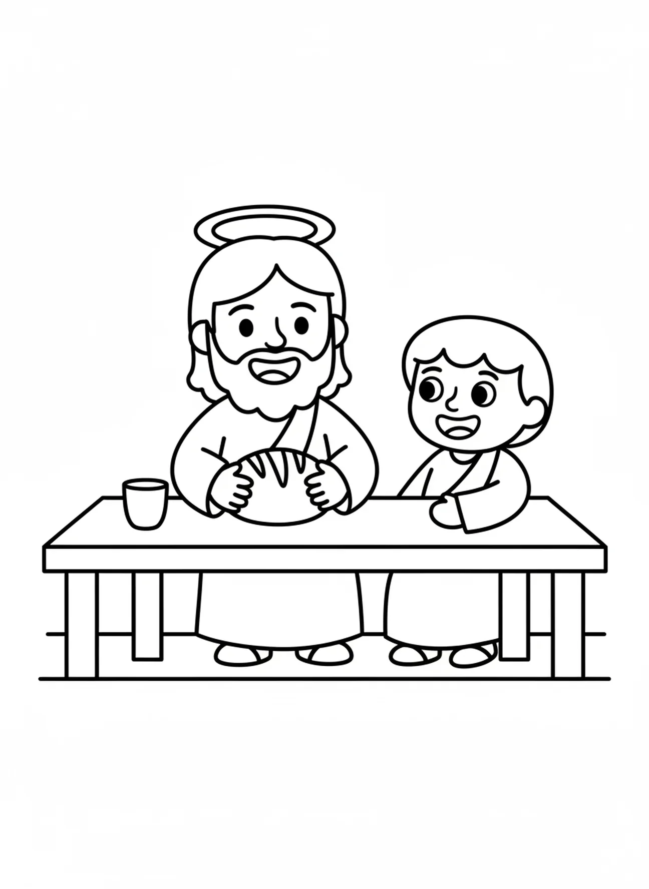 Jésus rompant le pain, page à colorier de la Dernière Cène pour les enfants d'âge préscolaire de 3 à 5 ans