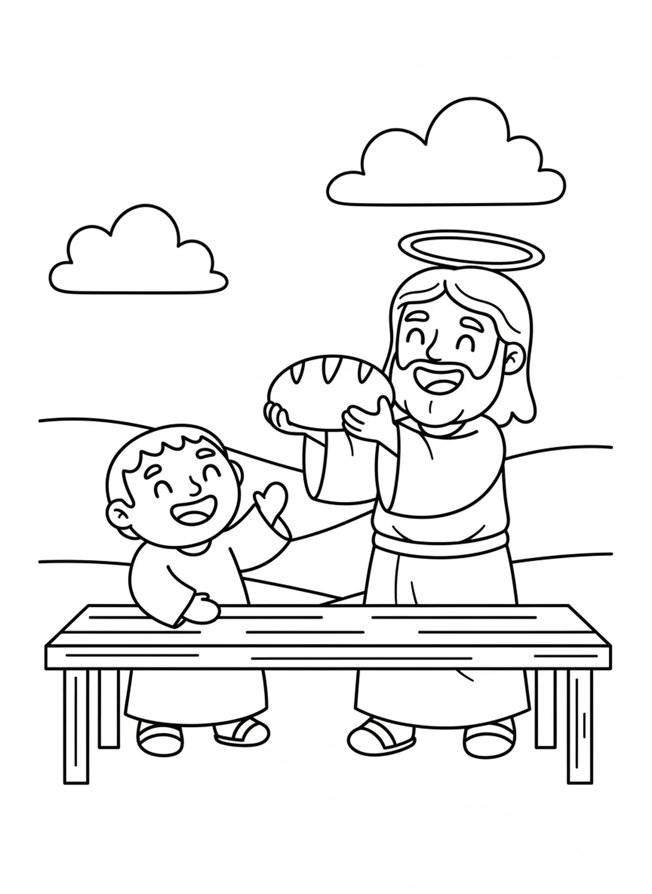 Jésus bénissant le pain, page à colorier de la Dernière Cène pour les enfants d'âge préscolaire de 3 à 5 ans