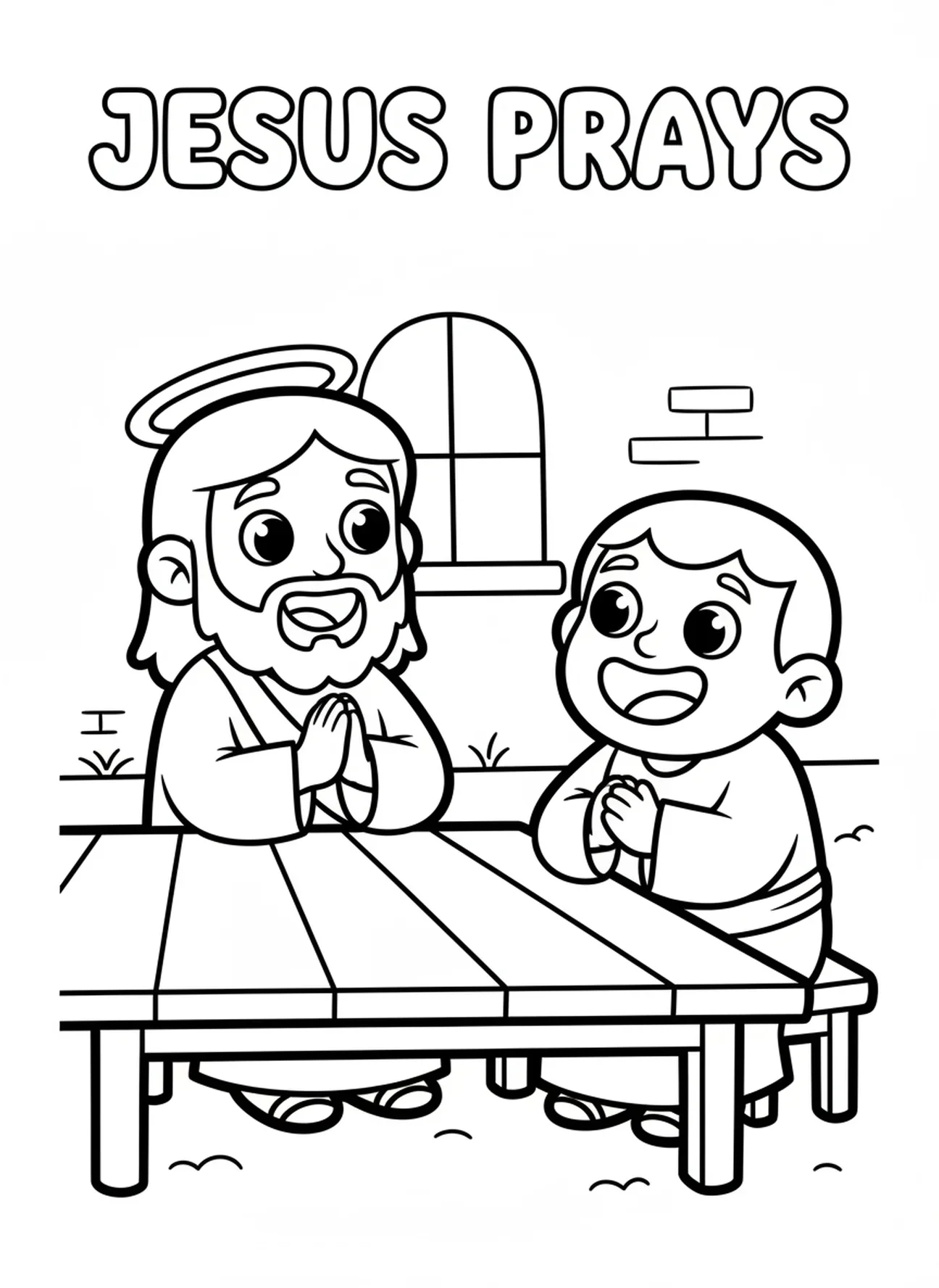 Jésus en prière, page à colorier de la Dernière Cène pour les enfants d'âge préscolaire de 3 à 5 ans