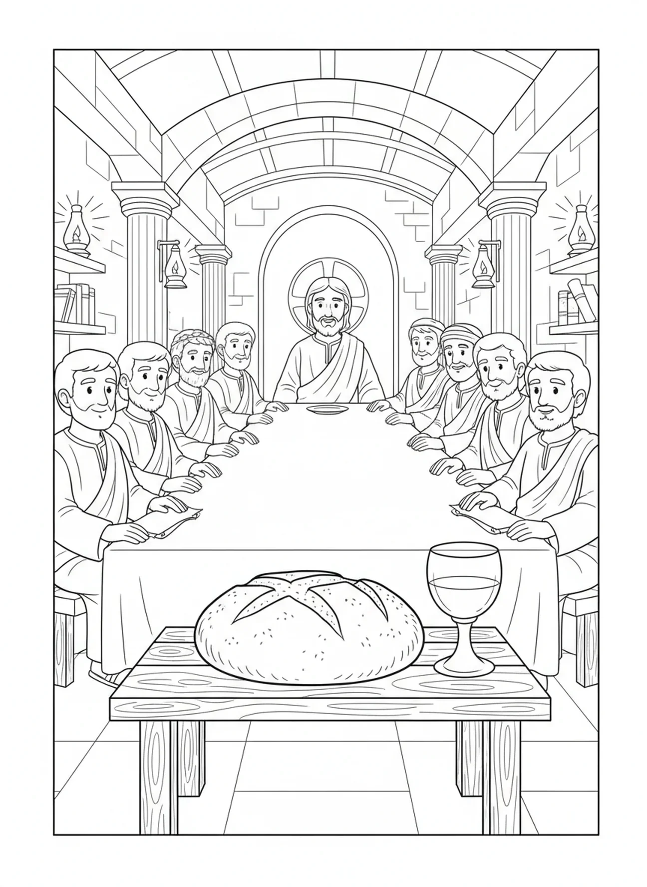 Pão e cálice, página de colorir da Última Ceia para crianças da Escola Dominical de 5 a 12 anos.