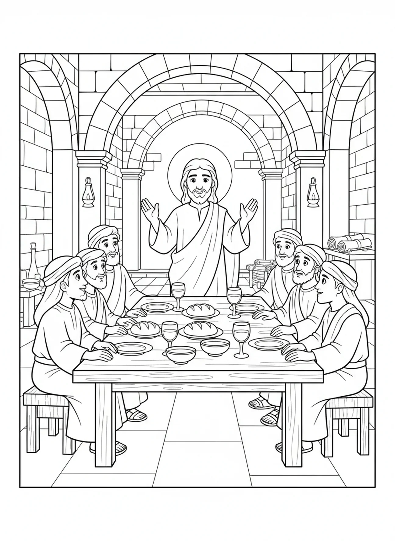 Jesus abençoando os discípulos, página para colorir da Última Ceia para crianças da Escola Dominical de 5 a 12 anos.