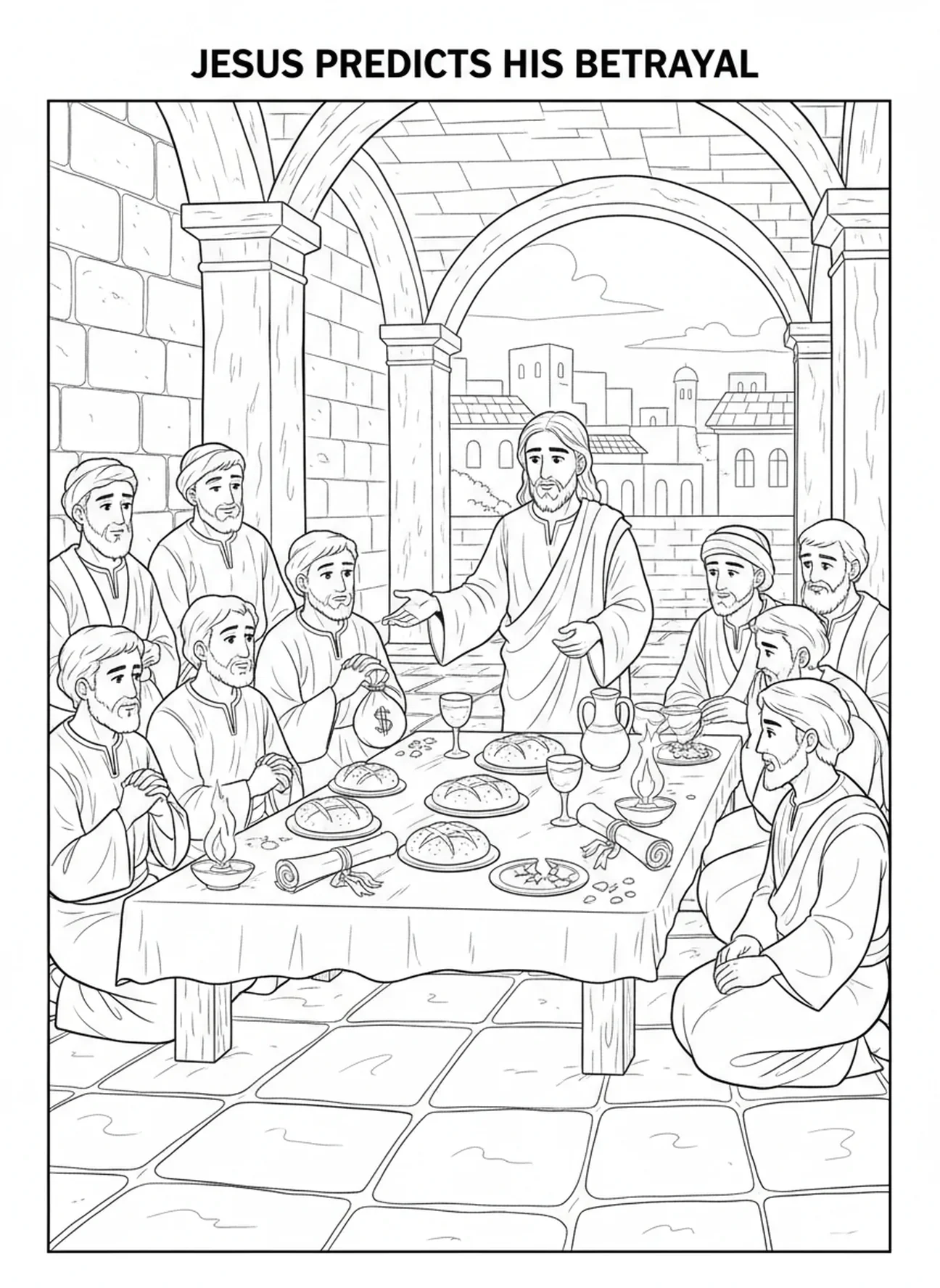 Jesus prevê a traição, página para colorir da Última Ceia para crianças da Escola Dominical de 5 a 12 anos.