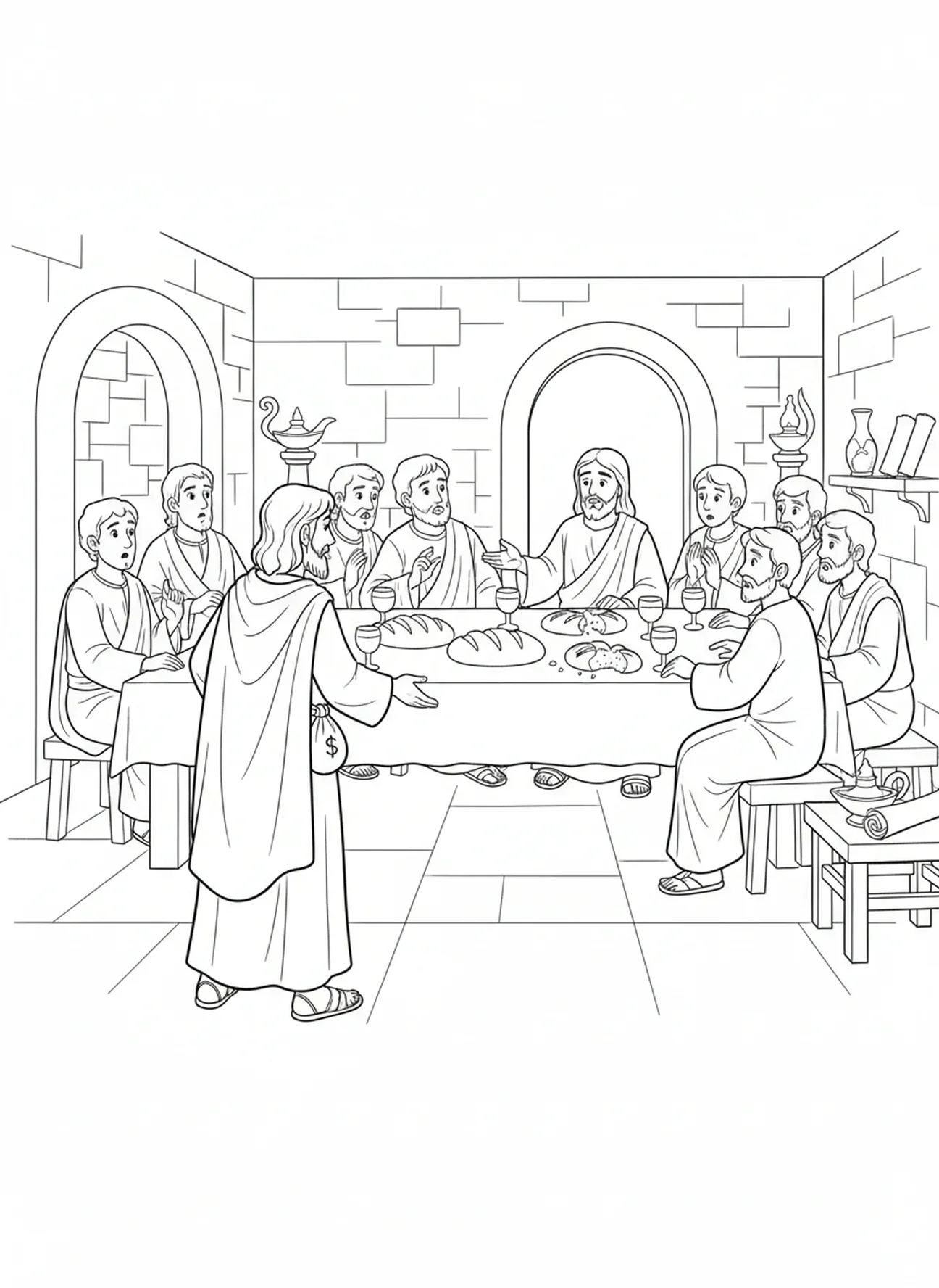 Judas saindo, página para colorir da Última Ceia para crianças da Escola Dominical de 5 a 12 anos.
