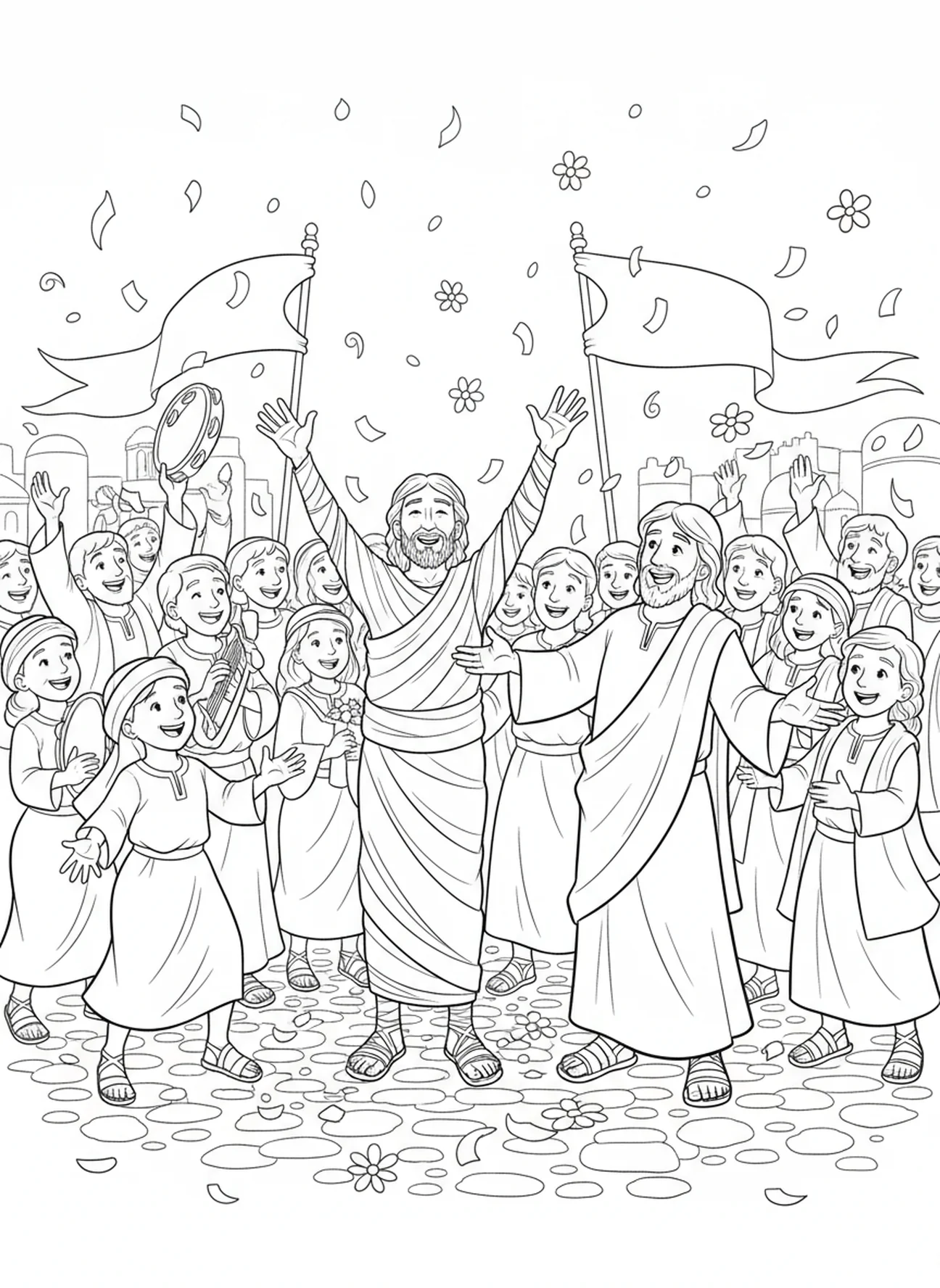 Menschenmenge feiert die Auferstehung des Lazarus, Auszug des Lazarus Malvorlage für Kinder im Alter von 5-10 Jahren