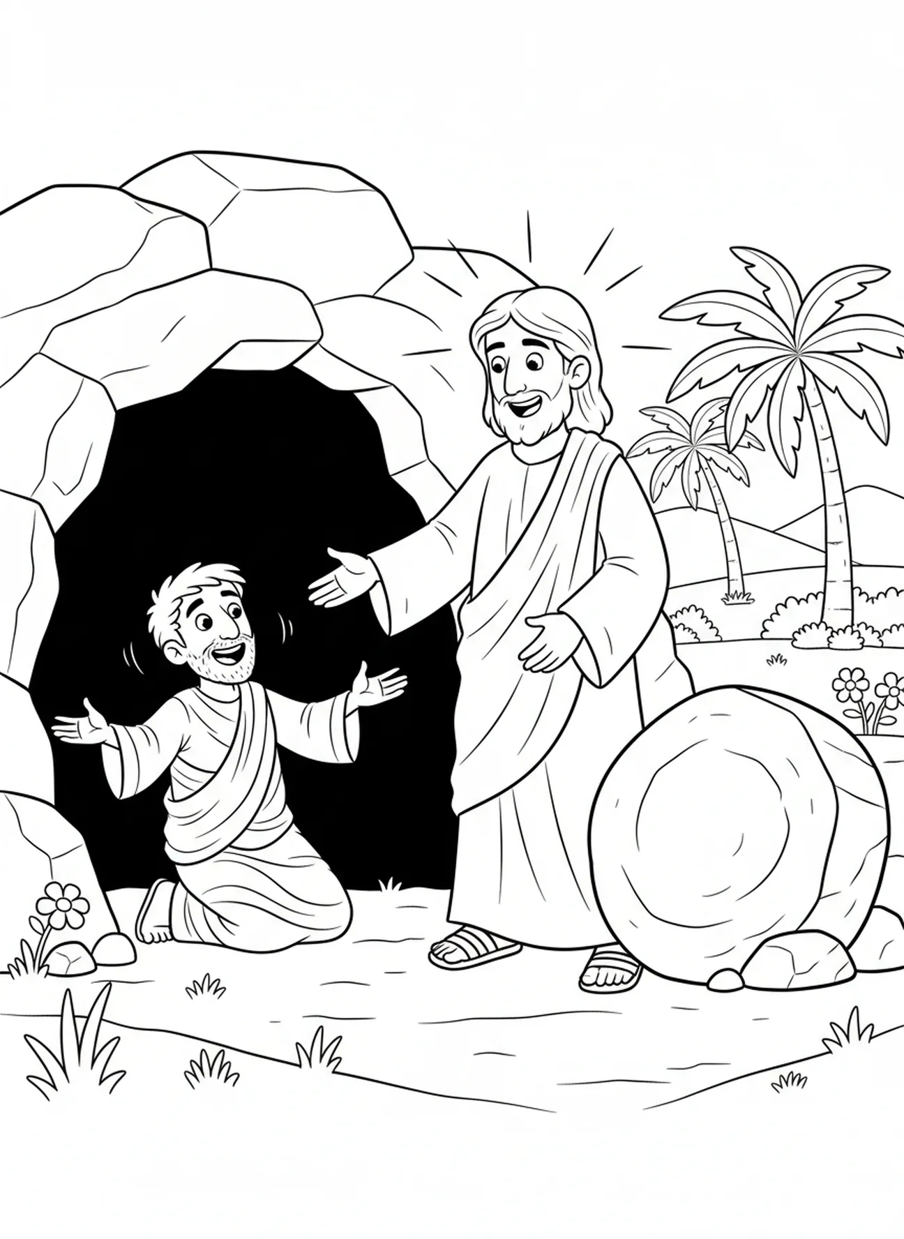 Jesus ruft Lazarus, Ausmalbild für Kinder im Alter von 5-10 Jahren