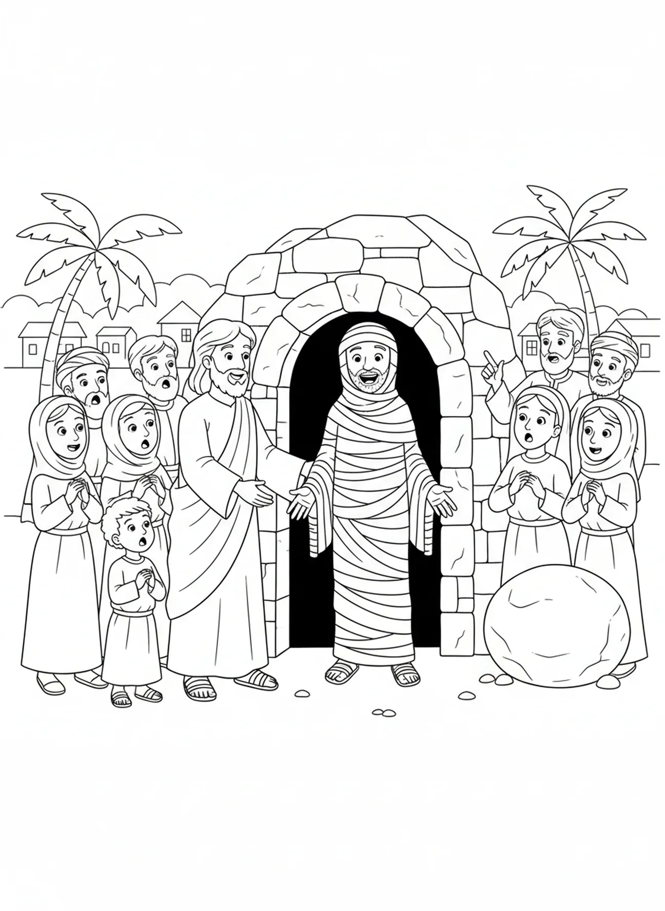 Lazarus, der aus dem Grab kommt, Ausmalbild für Kinder im Alter von 5-10 Jahren
