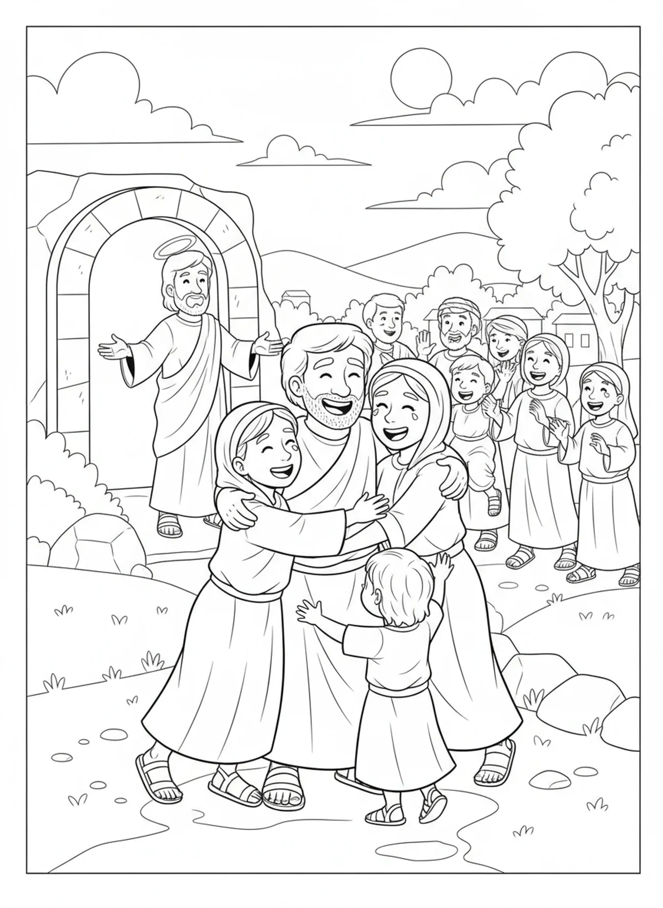 Lazarus umarmt seine Familie, Ausmalbild von Lazarus, der aus dem Grab kommt für Kinder im Alter von 5-10 Jahren