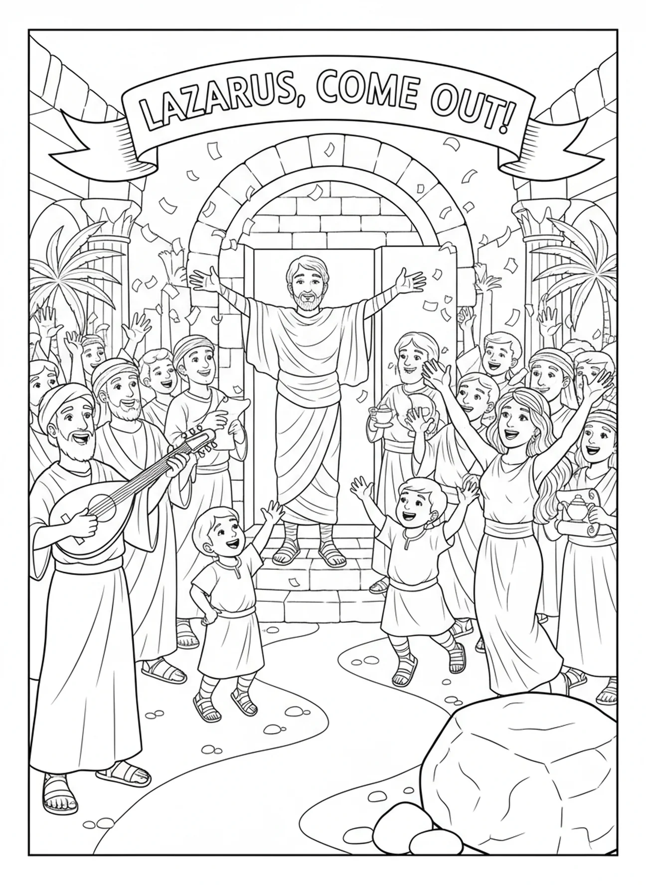 Feier nach dem Wunder, Lazarus kommt heraus Malvorlage für Sonntagsschulkinder im Alter von 5-12 Jahren.