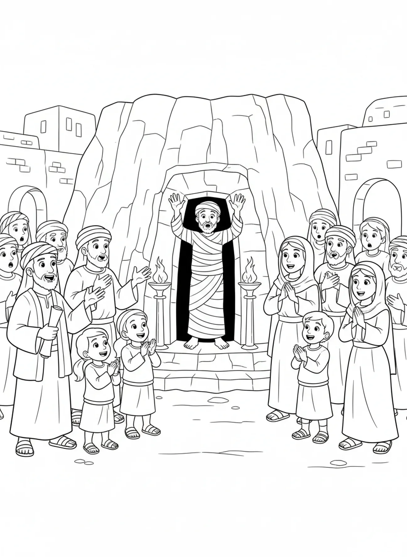Menschenmenge reagiert auf Lazarus, Lazarus kommt heraus Malvorlage für Sonntagsschulkinder im Alter von 5-12 Jahren.