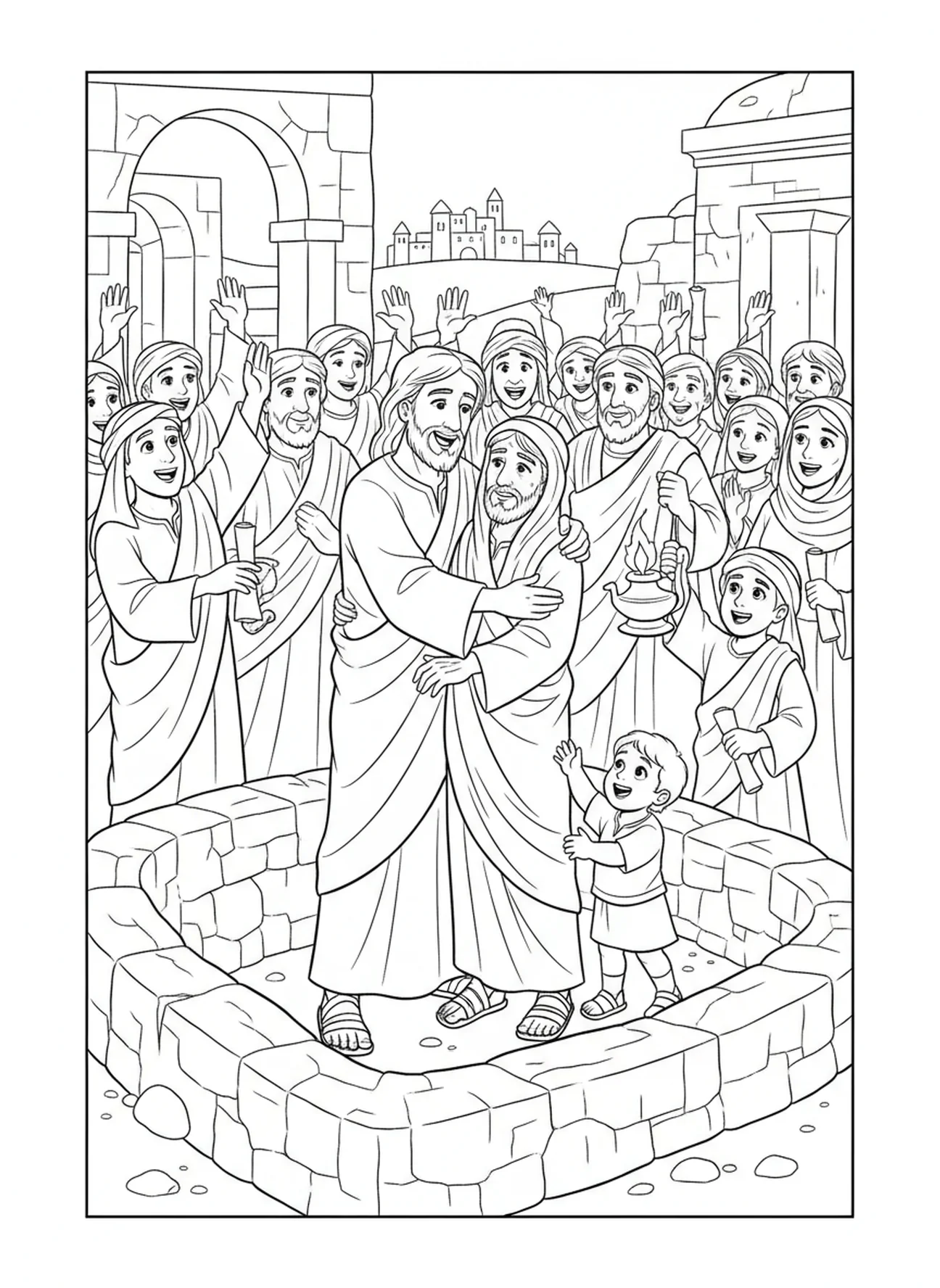 Jesus und Lazarus zusammen, Lazarus kommt heraus Ausmalbild für die Sonntagsschule für Kinder im Alter von 5-12 Jahren.