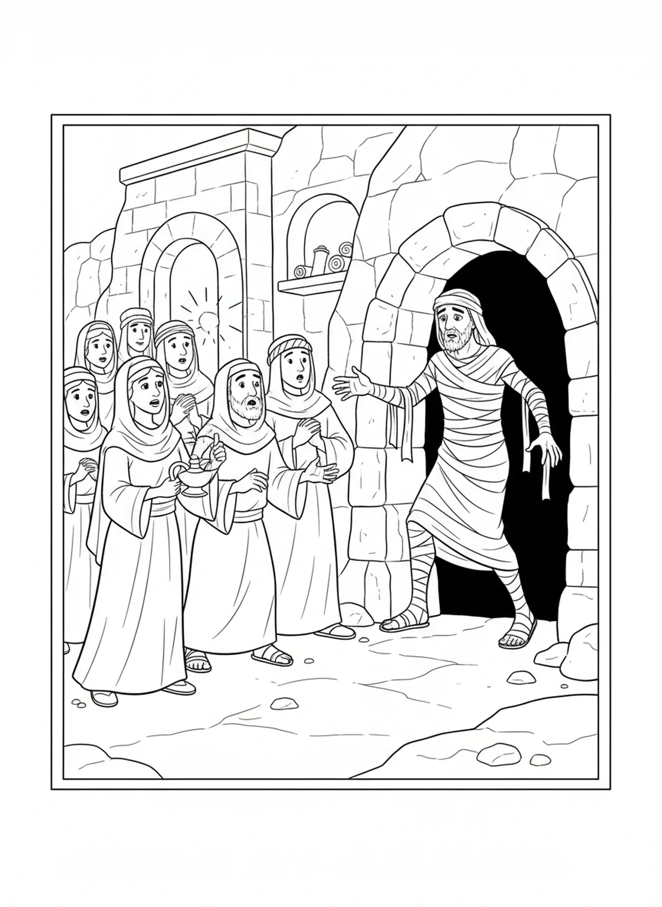 Lazarus in Leinentücher gehüllt, Aus dem Grab kommend Ausmalbild für Sonntagsschulkinder im Alter von 5-12 Jahren.