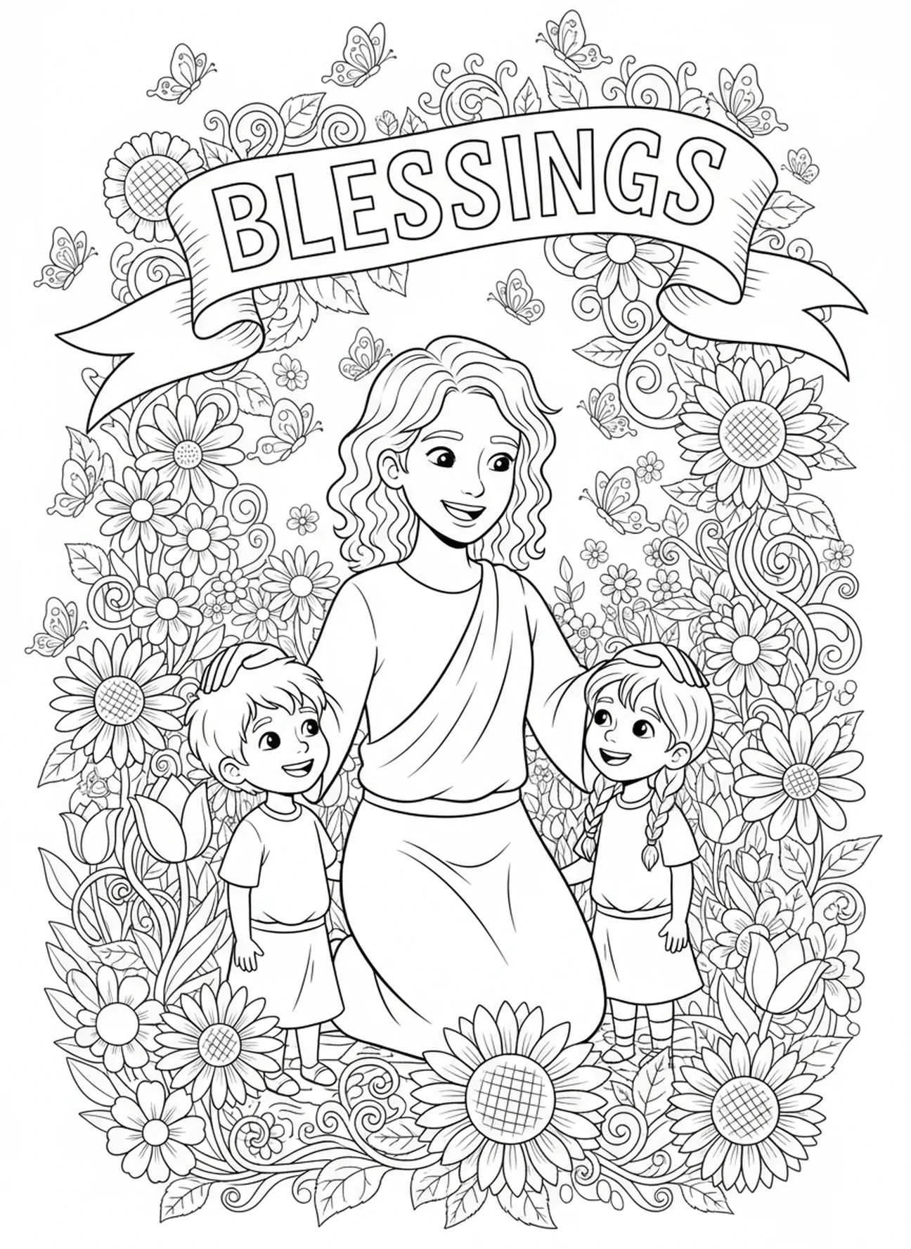 Padre bendiciendo a sus hijos, página para colorear del Padre Nuestro orando niños de 5 a 10 años