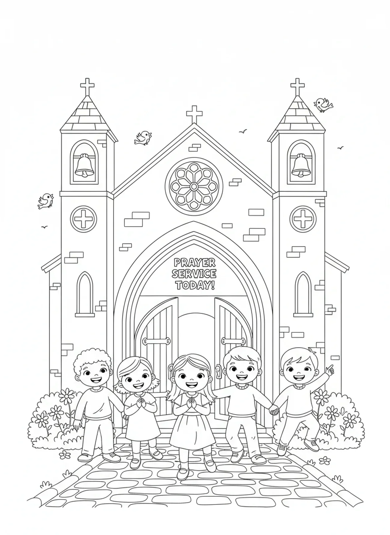 Niños reunidos fuera de la iglesia, Oración del Señor Niños orando el Padre Nuestro página para colorear para niños de 5 a 10 años