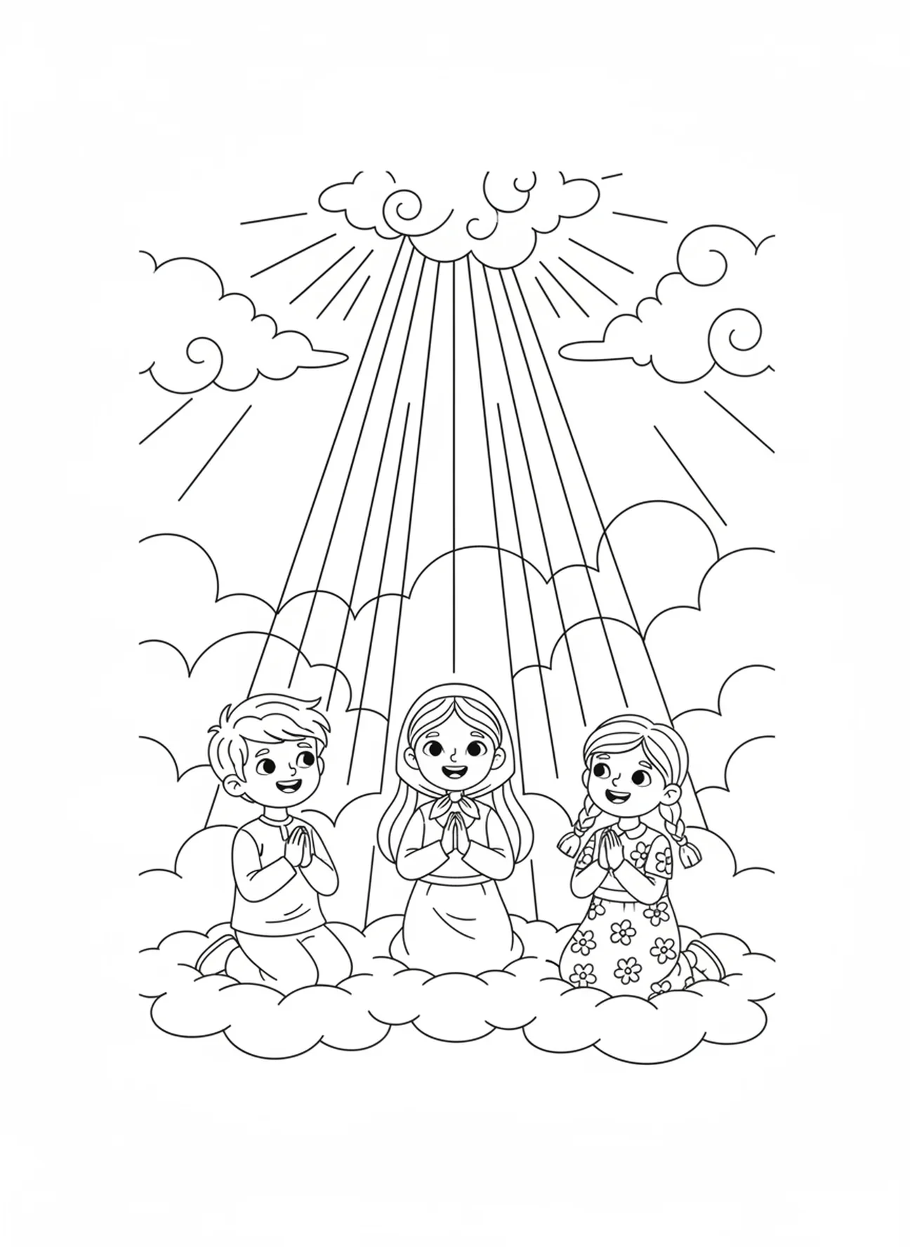Luz celestial brillando, página para colorear del Padre Nuestro con niños orando, para niños de 5 a 10 años