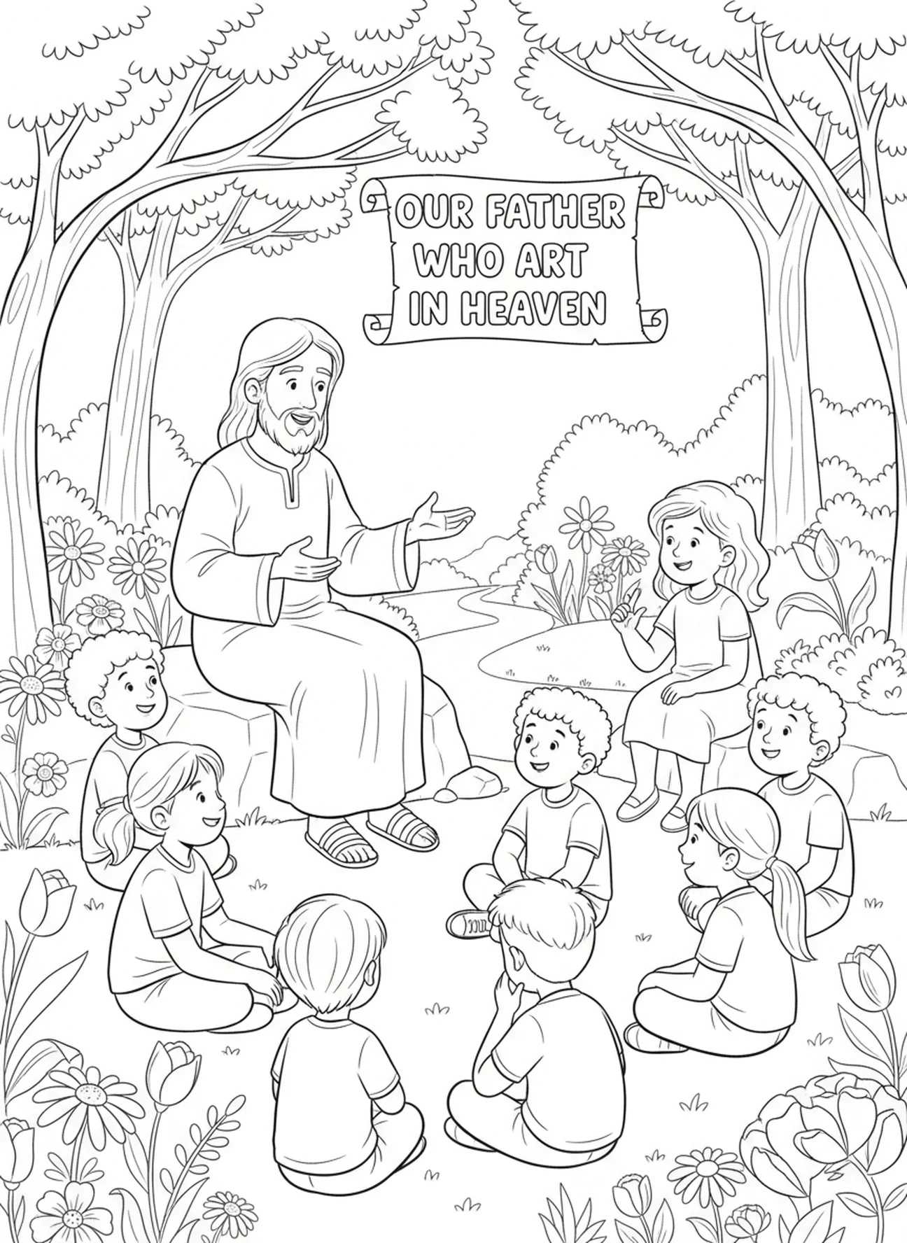 Groupe d'enfants écoutant, page à colorier de la prière du Seigneur enseignée par Jésus pour les enfants de 5 à 10 ans