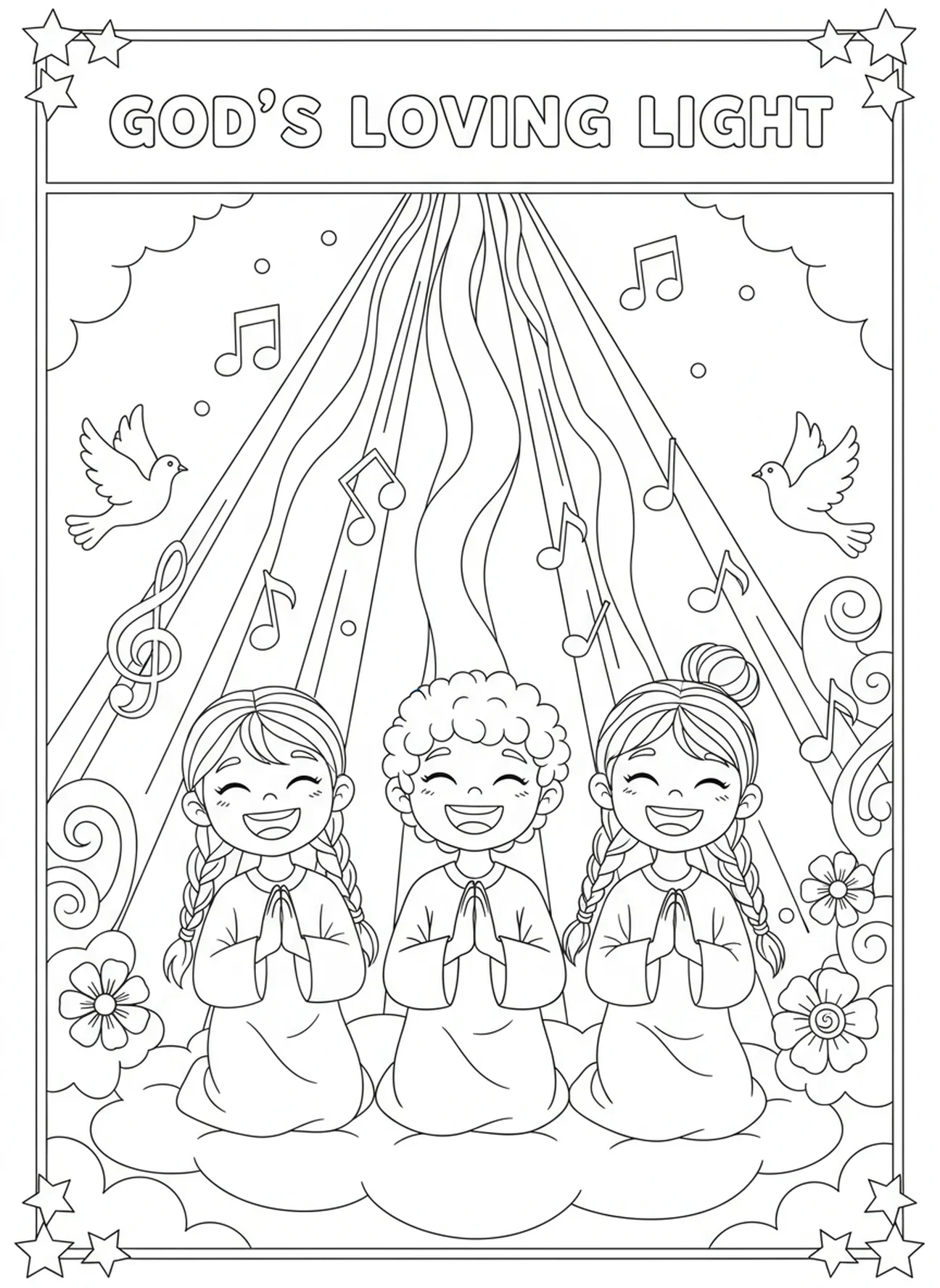 Lumière céleste rayonnante, page à colorier de la prière du Seigneur enseignée par Jésus pour les enfants de 5 à 10 ans