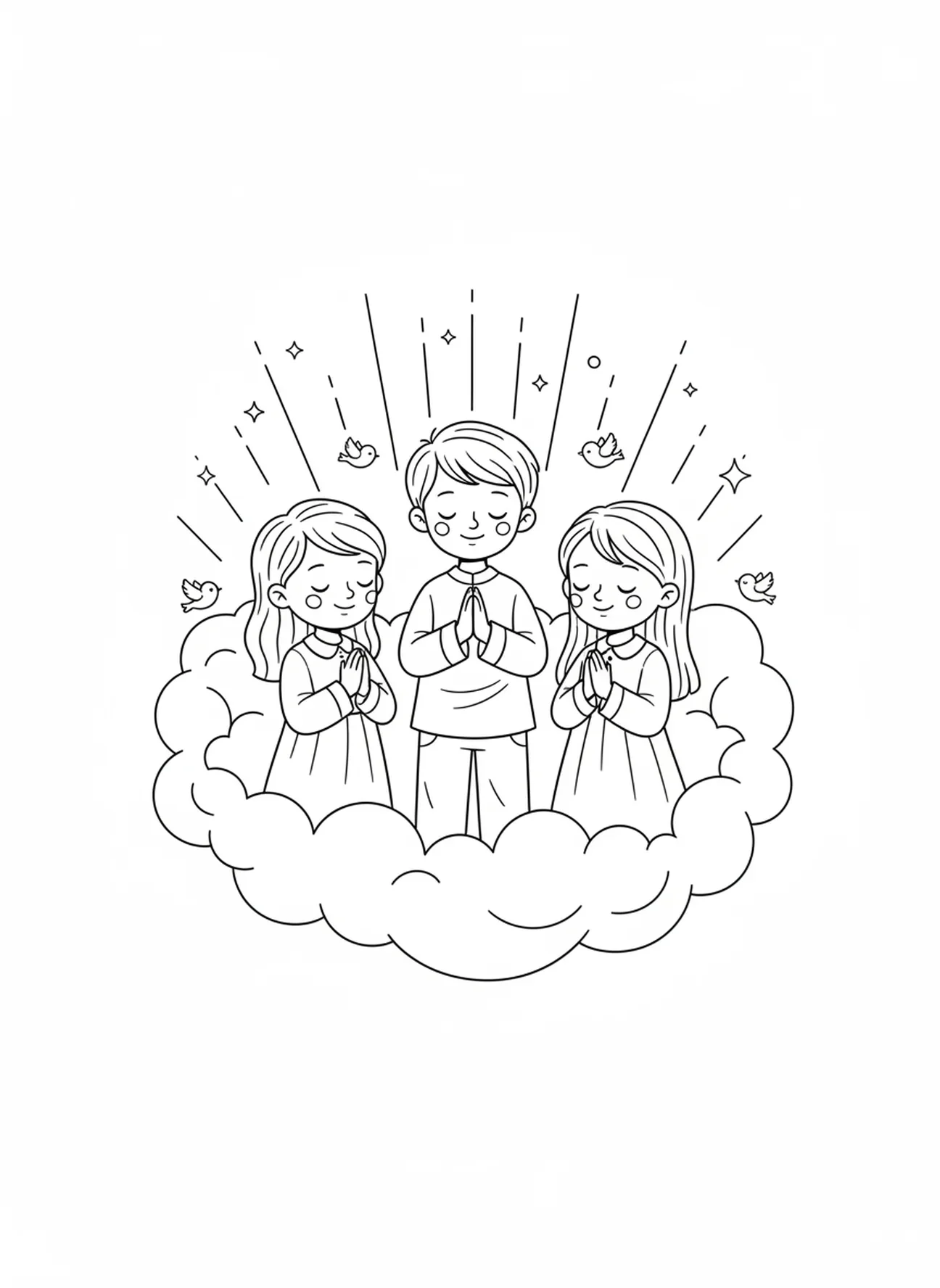 Enfants priant, page à colorier sur la prière du Seigneur, enseignement de Jésus pour les enfants de 5 à 10 ans
