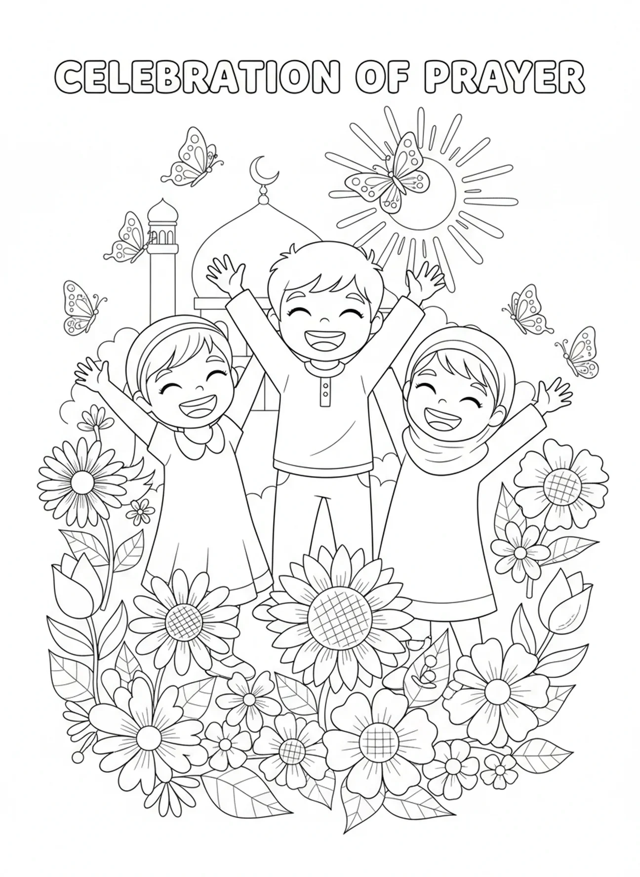 Enfants célébrant la prière, Prière du Seigneur, page à colorier sur l'enseignement de la prière par Jésus pour les enfants de 5 à 10 ans