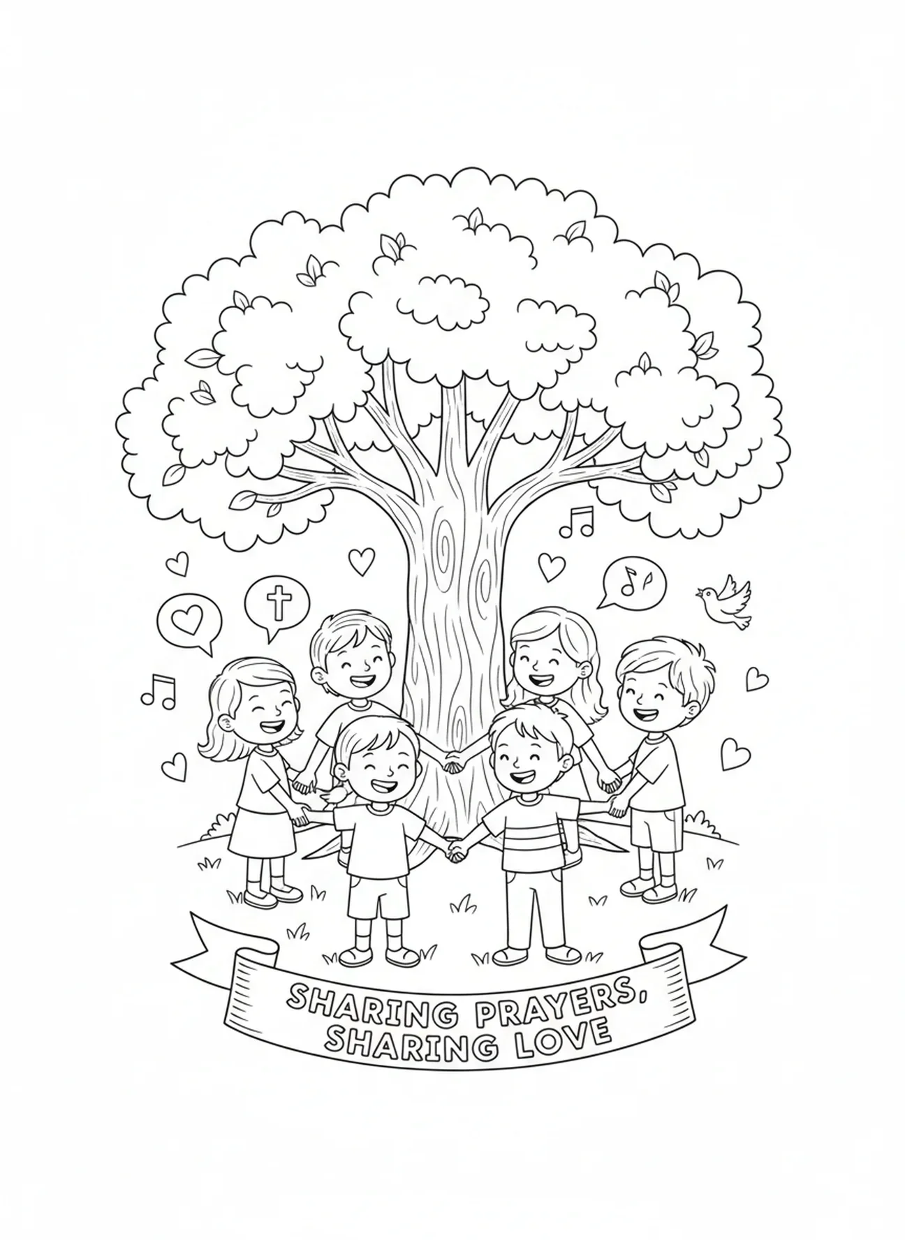 Enfants partageant des prières, Prière du Seigneur, page à colorier sur l'enseignement de la prière par Jésus pour les enfants de 5 à 10 ans