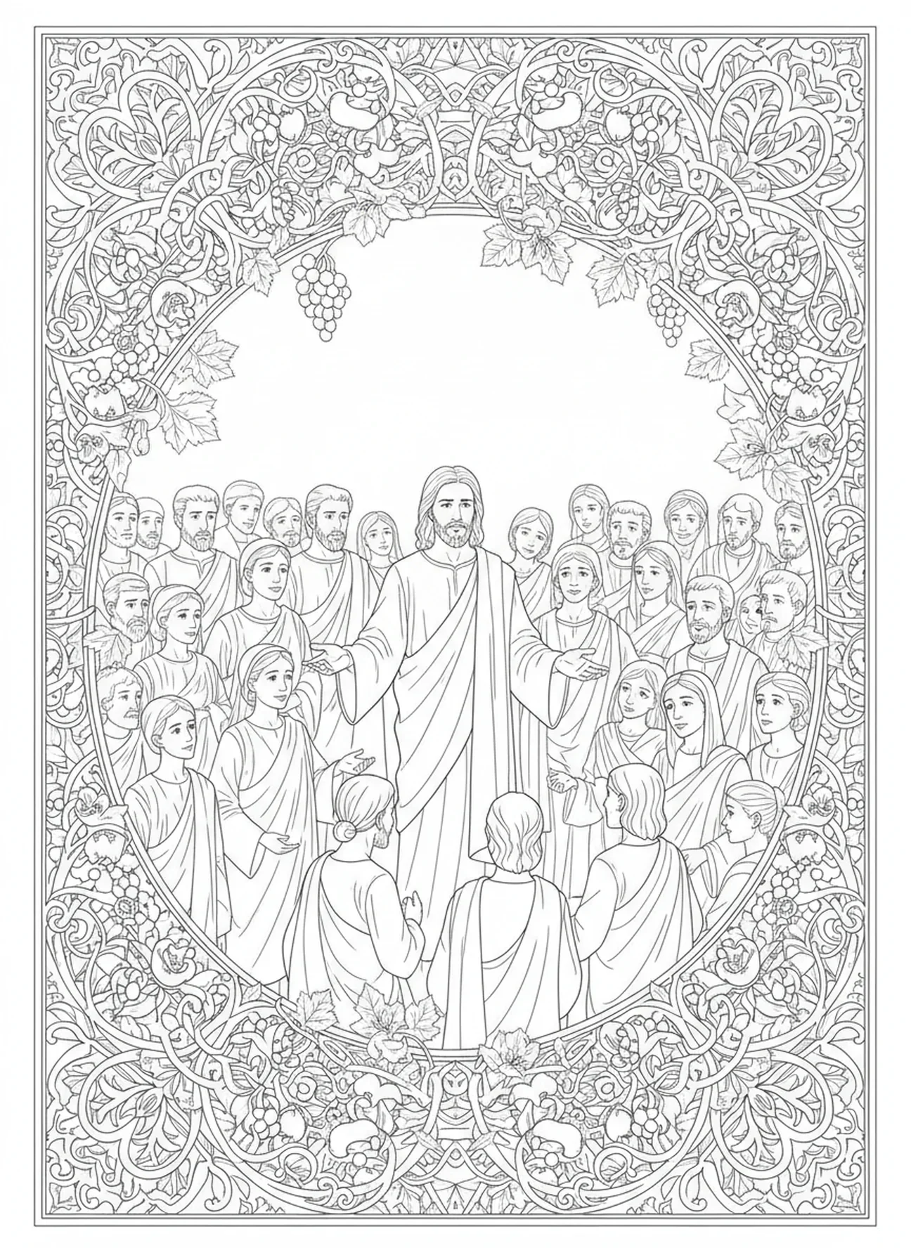Multidão ouvindo Jesus, página de colorir do Pai Nosso para adultos no estilo de journaling bíblico