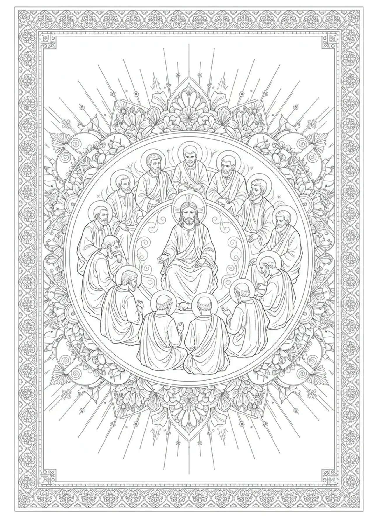 Jesus ensinando os discípulos, página de colorir da Oração do Senhor para adultos no estilo de journaling bíblico