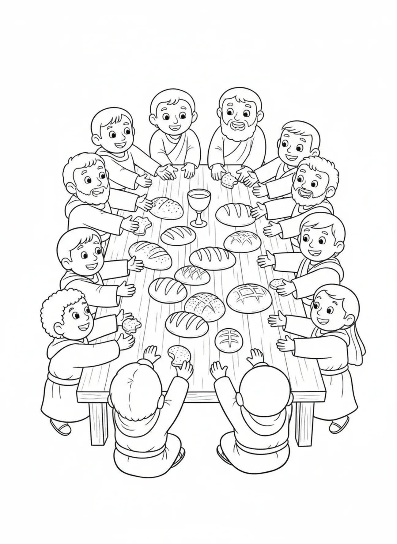 Table avec du pain et du vin, page à colorier de la prière du Seigneur pour les enfants de 5 à 10 ans