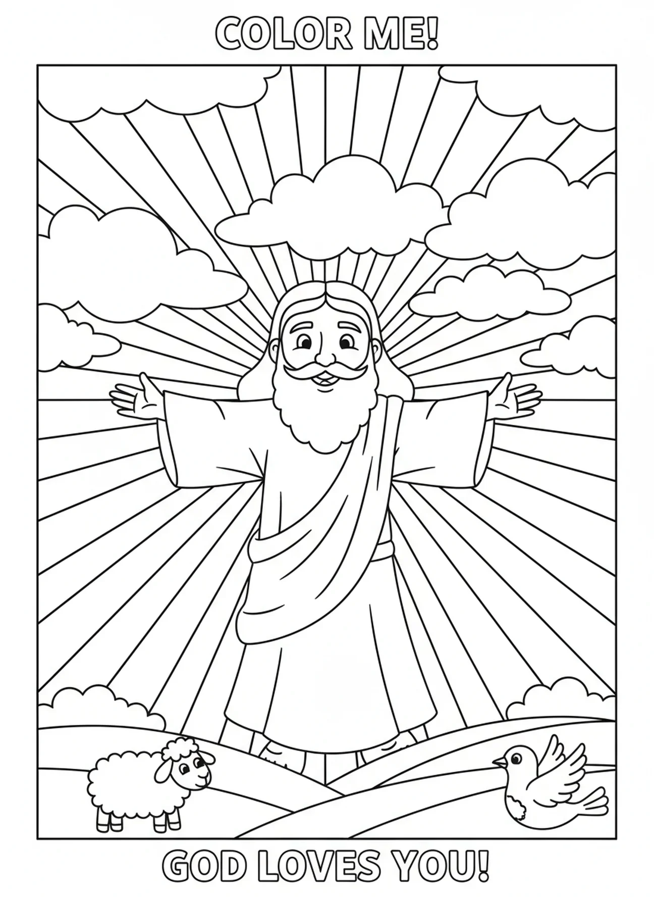 Figure du Père Céleste, page à colorier de la prière du Seigneur pour les enfants de 5 à 10 ans