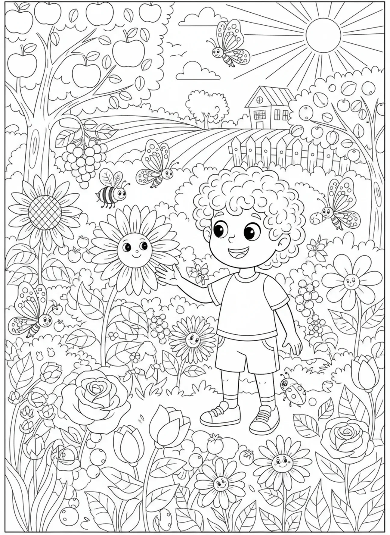 Enfant dans un jardin, page à colorier de la prière du Seigneur pour les enfants de 5 à 10 ans