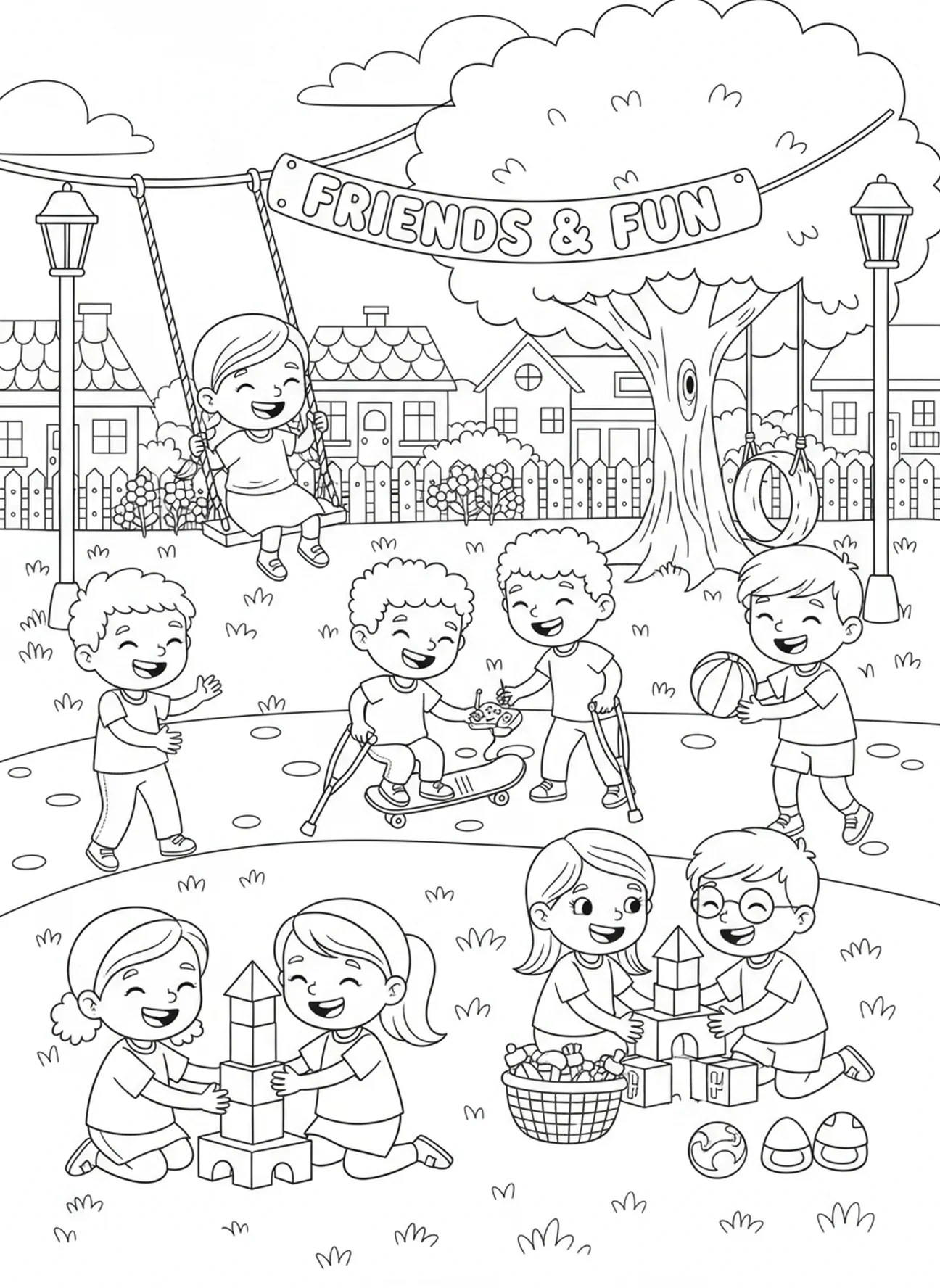 Enfants jouant en communauté, page à colorier de la prière du Seigneur pour les enfants de 5 à 10 ans