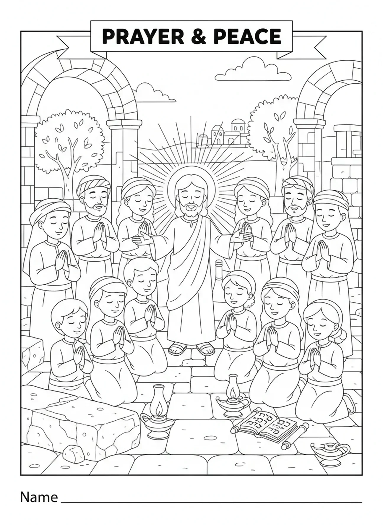 Communauté priant ensemble, page à colorier de la prière du Seigneur pour les enfants de l'École du dimanche âgés de 5 à 12 ans.