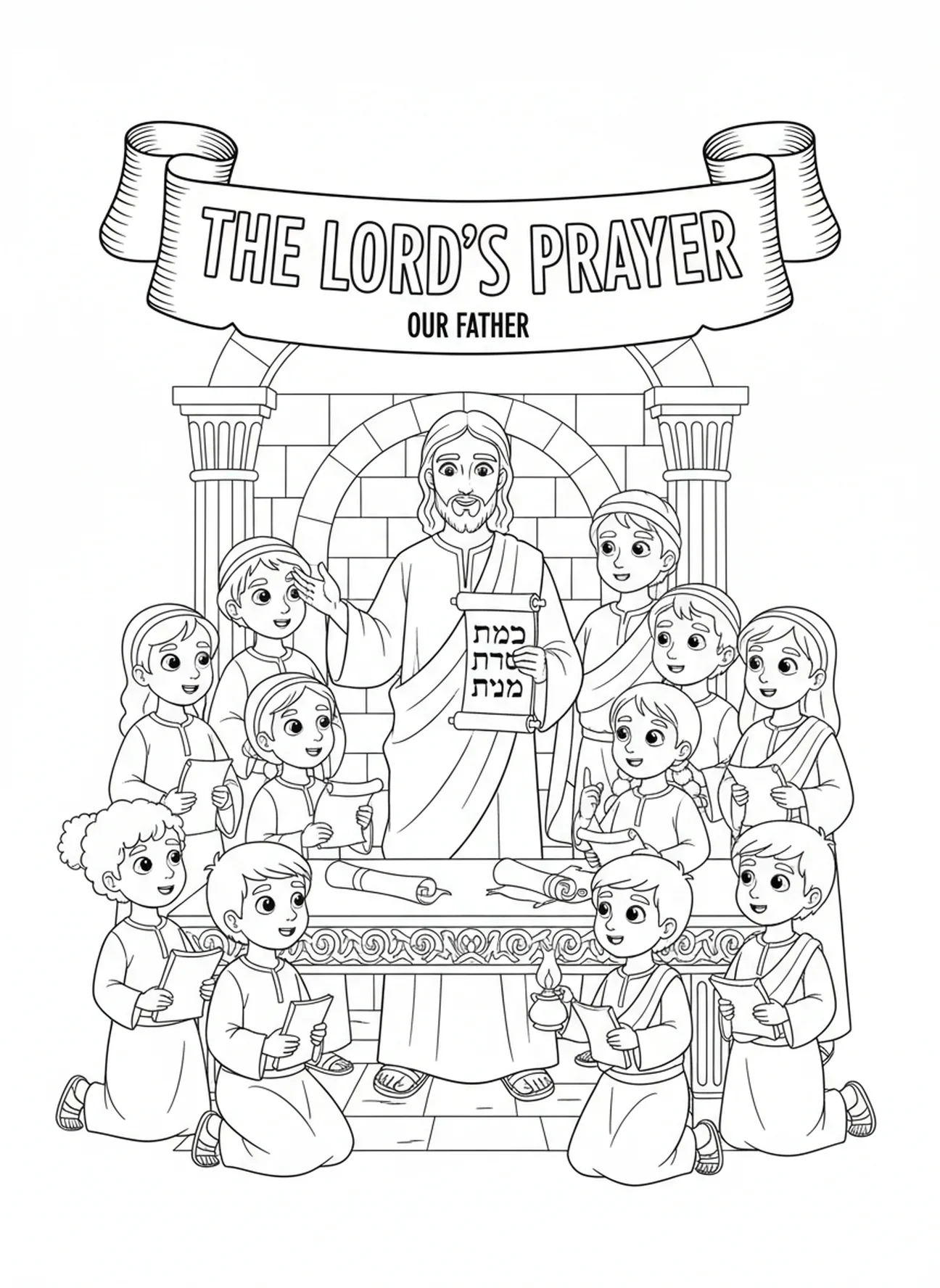 Disciples écoutant Jésus, page à colorier de la prière du Seigneur pour les enfants de l'École du dimanche âgés de 5 à 12 ans.