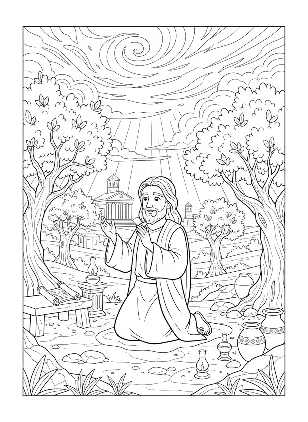 Jésus priant les mains levées, page à colorier de la prière du Seigneur pour les enfants de l'École du dimanche âgés de 5 à 12 ans.