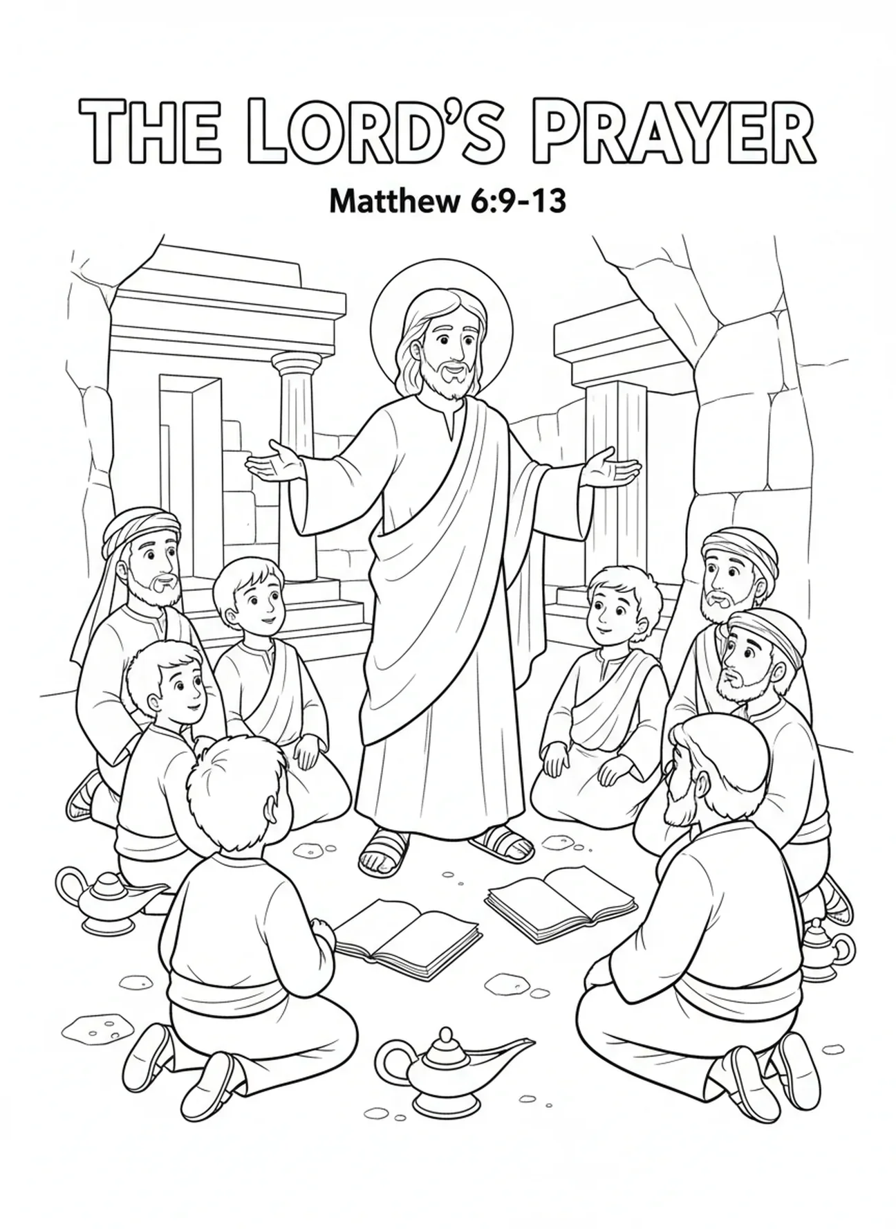 Jésus enseignant le Notre Père, page à colorier sur le Notre Père pour les enfants de l'École du dimanche âgés de 5 à 12 ans.