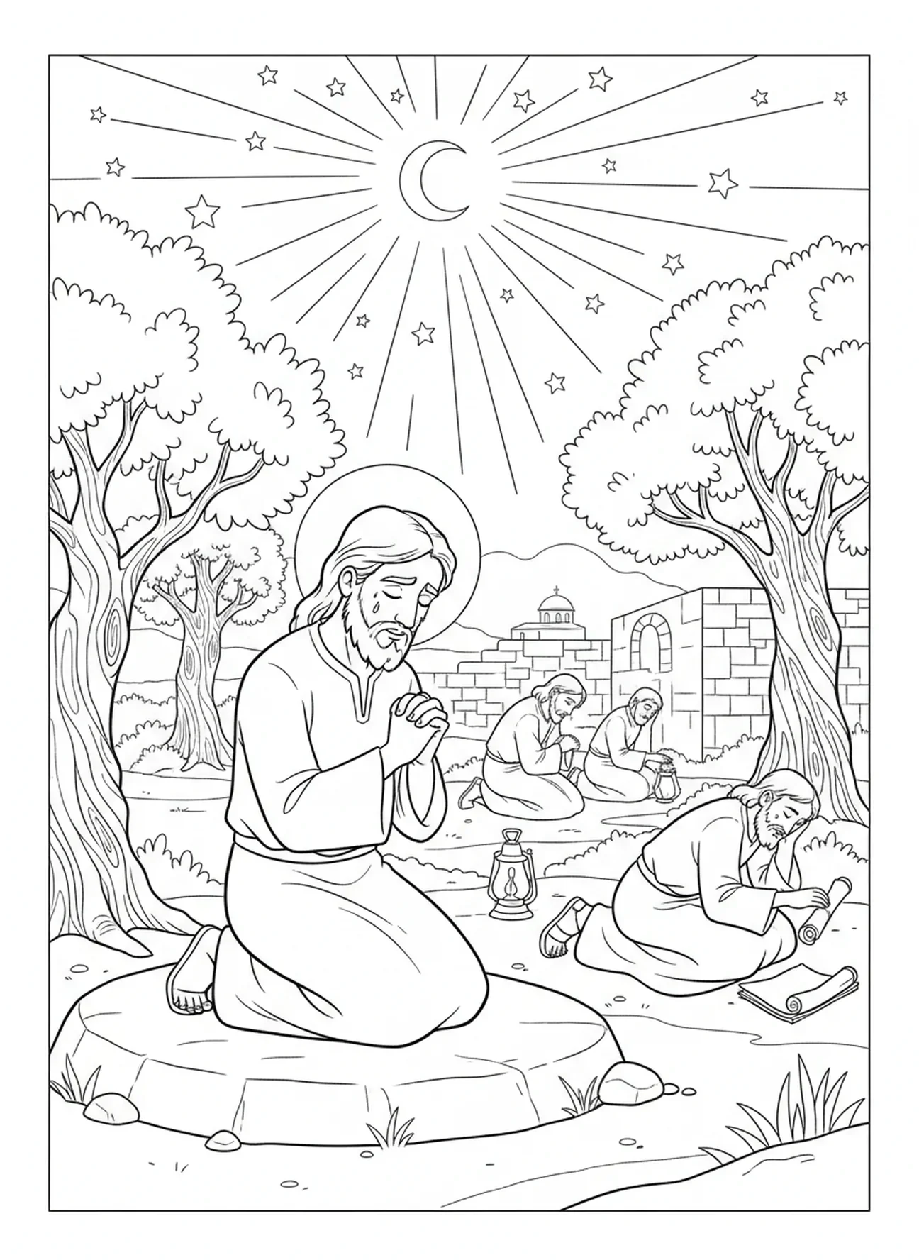 Jésus priant dans le jardin, page à colorier de la prière du Seigneur pour les enfants de l'École du dimanche âgés de 5 à 12 ans.