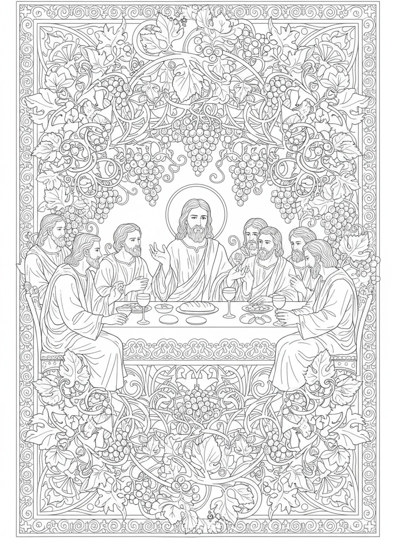 Lukas beim letzten Abendmahl, Ausmalbild für Erwachsene im Stil des Bibel-Journalings