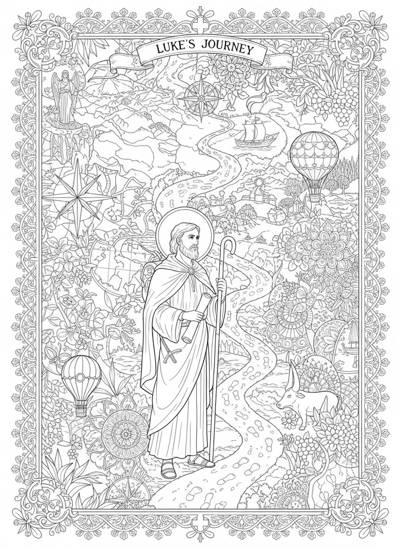 Lukas auf einer Reise, Lukas Evangelist Ausmalbild für Erwachsene im Stil des Bibeljournaling
